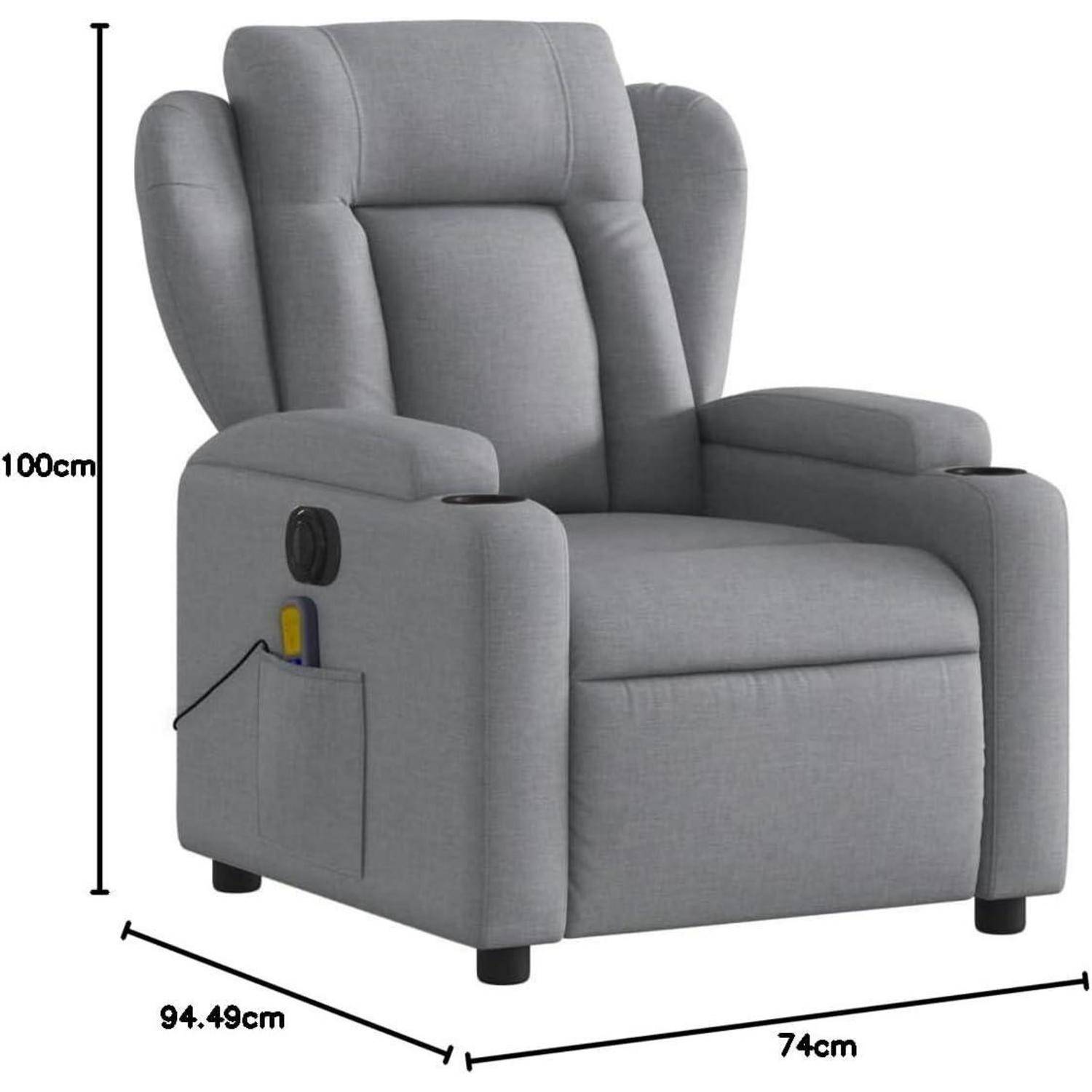 Grauer gepolsterter Relaxsessel mit Armlehnensteuerung und Seitentasche, gezeigt mit den Abmessungen 100 cm Höhe, 94,49 cm Tiefe und 74 cm Breite.