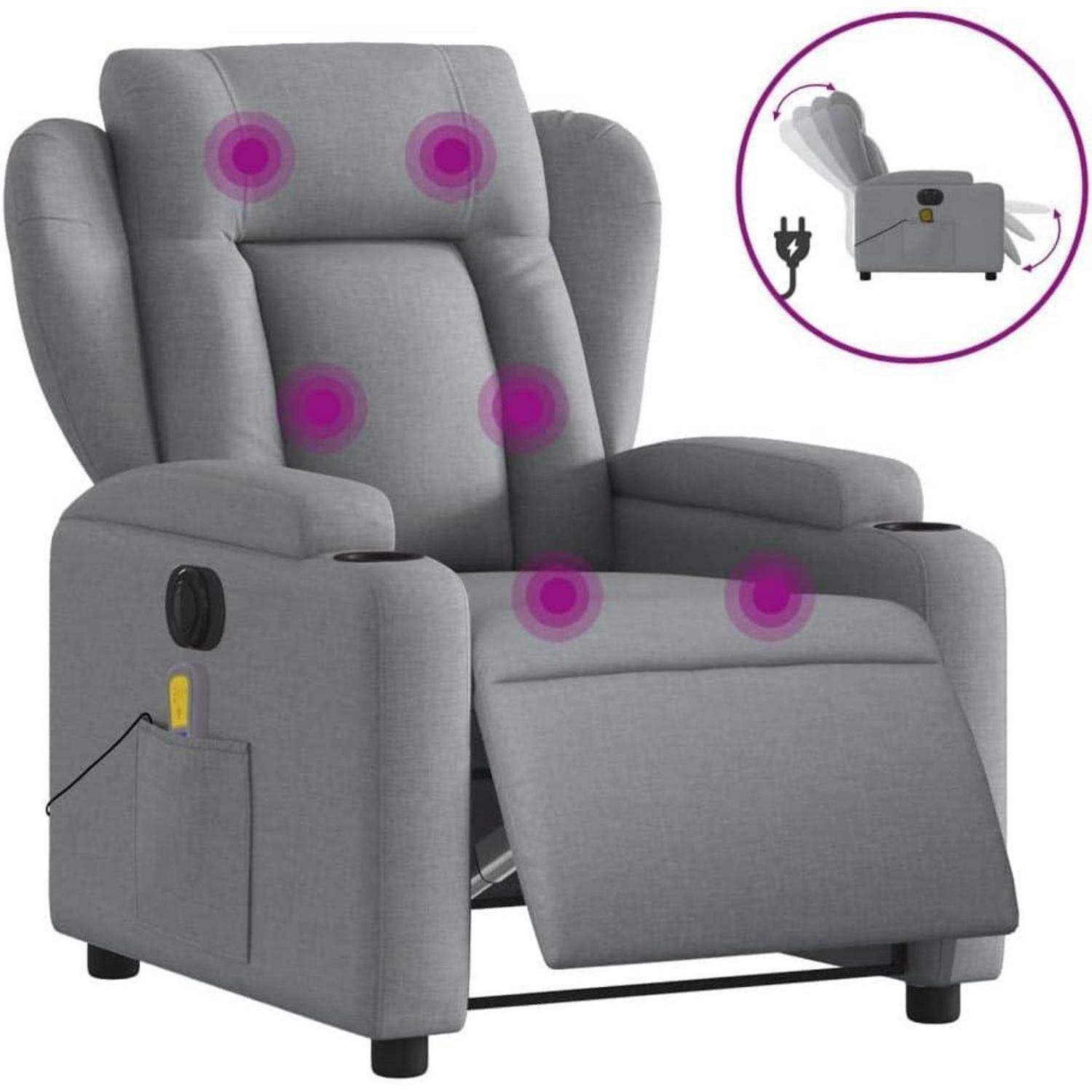 Grauer Massagesessel mit Liegefunktion, bei dem sechs Vibrationspunkte hervorgehoben sind, sowie eine Detailabbildung mit Stromkabel und Liegefunction.