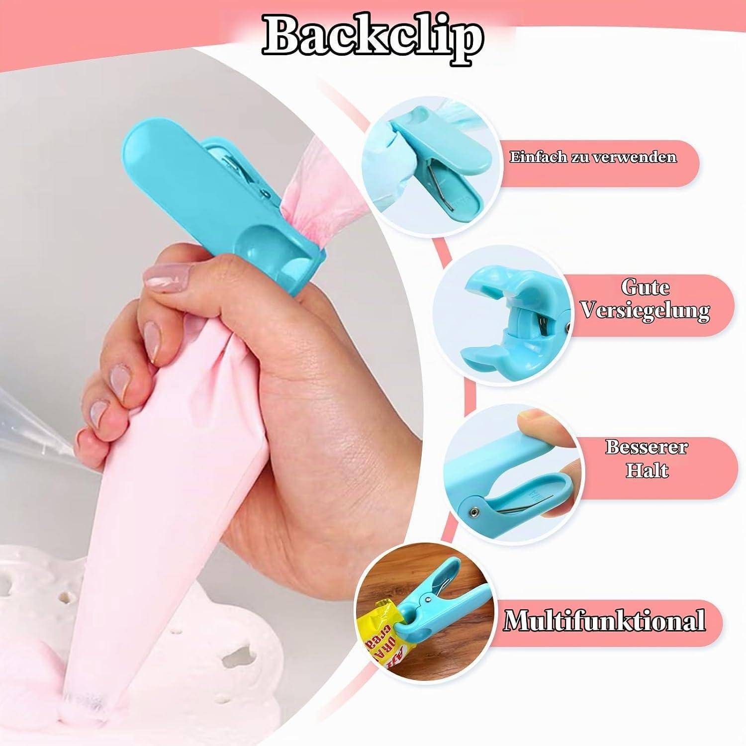 Hand mit blauem Rückenclip zum Verschließen einer rosa Spritzbeutel; Beschriftungen sagen „Einfach zu verwenden