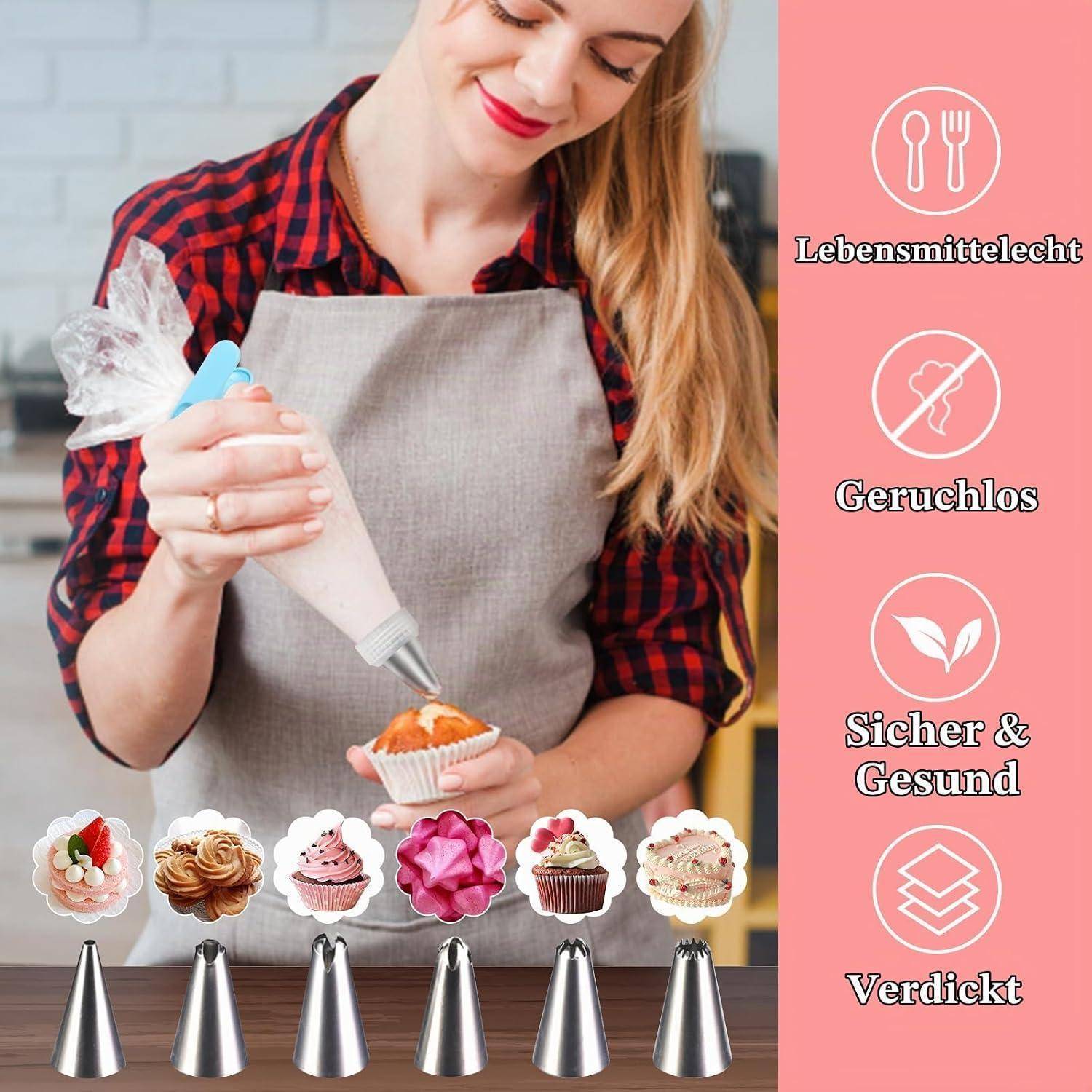 Frau, die einen Cupcake mit einer Spritztüte verziert; Seitentext auf Deutsch sagt „Lebensmittelecht
