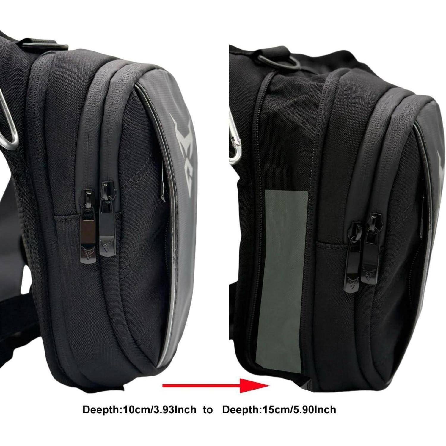 Nebeneinander Ansicht einer schwarzen Rucksacktasche, die durch einen Reißverschluss erweitert wird und die Tiefe von 10 cm auf 15 cm vergrößert.