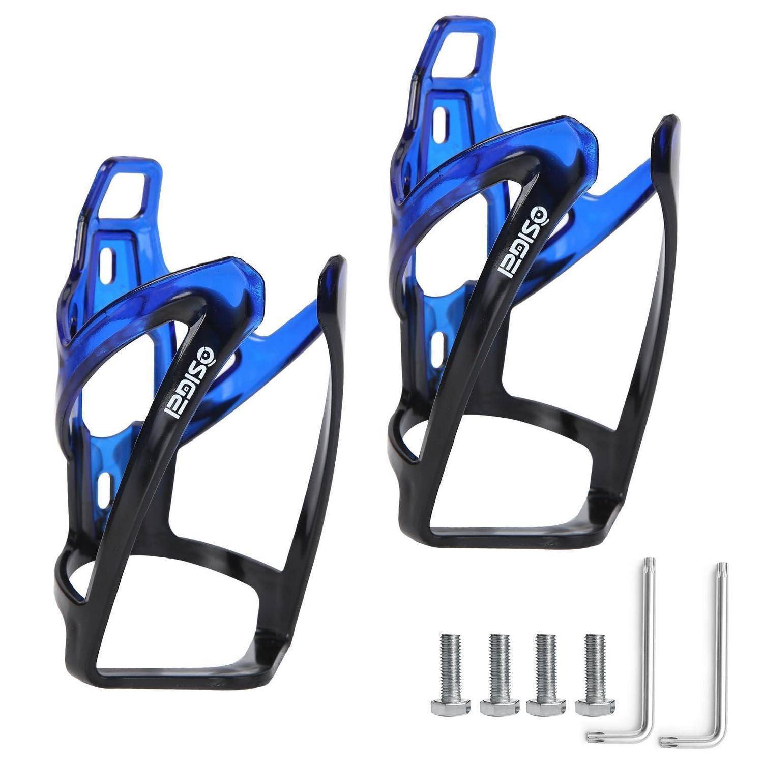 Paar blauer und schwarzer Fahrrad-Trinkflaschenhalter mit Befestigungsschrauben und Inbusschlüsseln auf weißem Hintergrund.