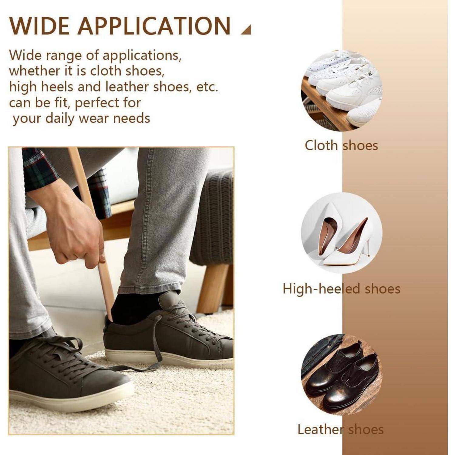 Werbebild, das zeigt, wie ein Schuhlöffel zum Anziehen von Sneakern verwendet wird, mit dem Text "BREITE ANWENDUNG"" und Beispielen für Stoff-, High-Heel- und Lederschuhe.