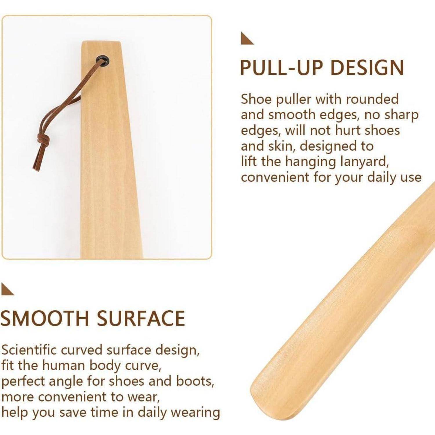 Schuhanzieher aus Holz mit hängendem Lederbändchen, gezeigt mit Beschriftungen für die Merkmale "PULL-UP DESIGN"" und ""GLATTE OBERFLÄCHE"".