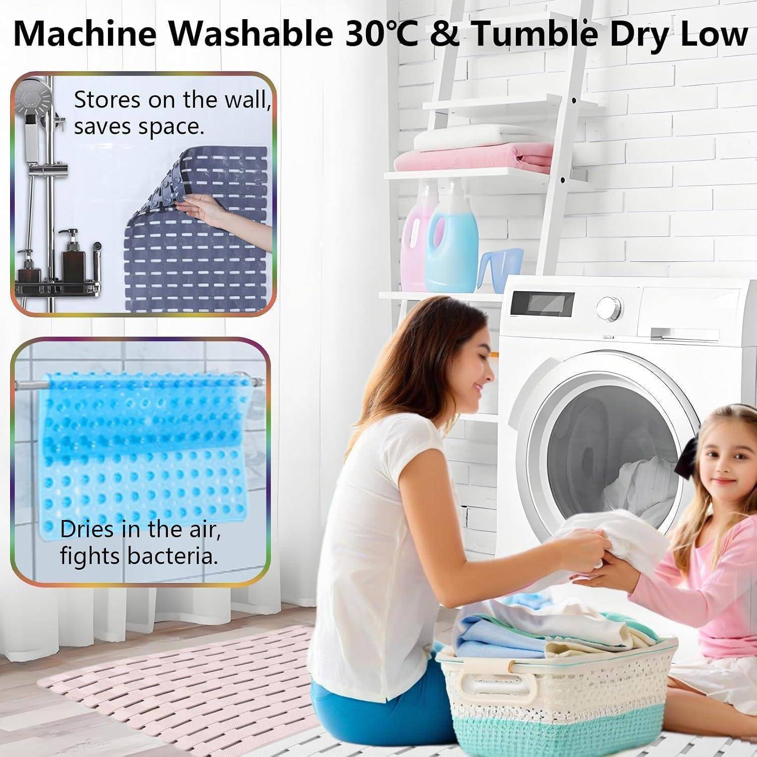 Werbeaufnahme einer Wäschetrocknung mit einem wandmontierten Trocknungsständer, der Platz spart, sowie Text „Maschinenwäsche 30°C & Schontrockner