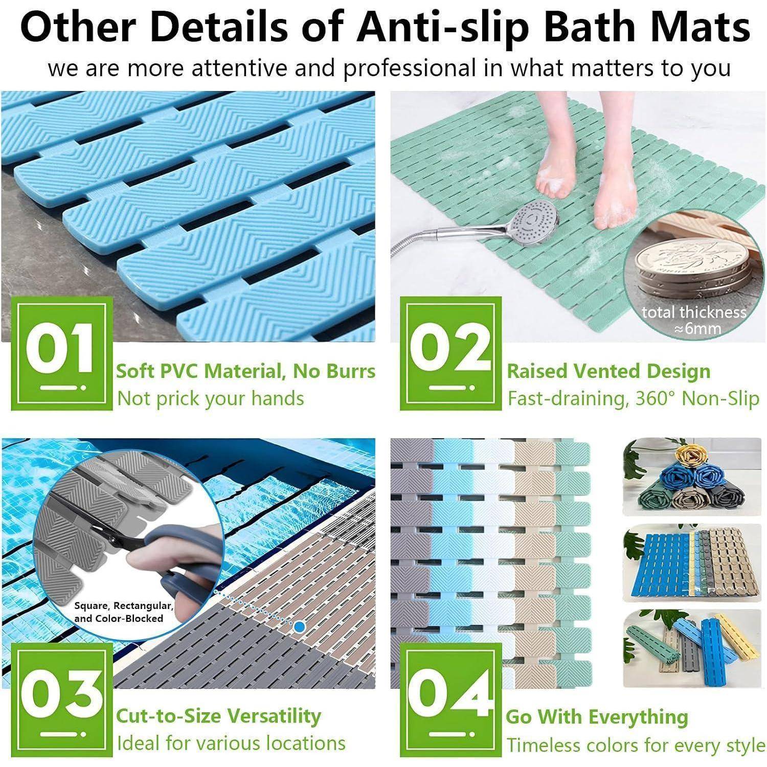 Infografik der Merkmale der rutschfesten Badmatte: weiches PVC-Material, erhobene belüftete schnelltrocknende Konstruktion, zuschneidbare Vielseitigkeit und verschiedene Stile/Farben.