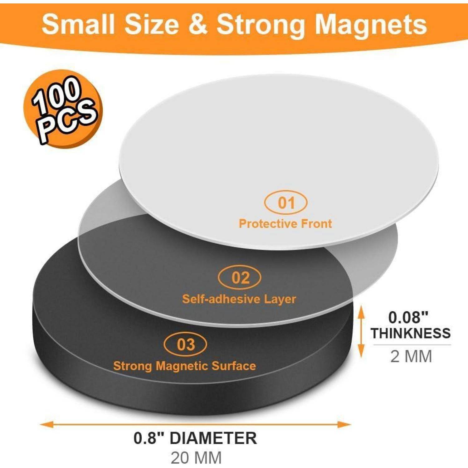 Diagramm mit 100 kleinen runden Magneten, das drei Schichten zeigt: Schutzfront, selbstklebende Schicht und starke magnetische Oberfläche; 0,8 Zoll Durchmesser, 0,08 Zoll Dicke.