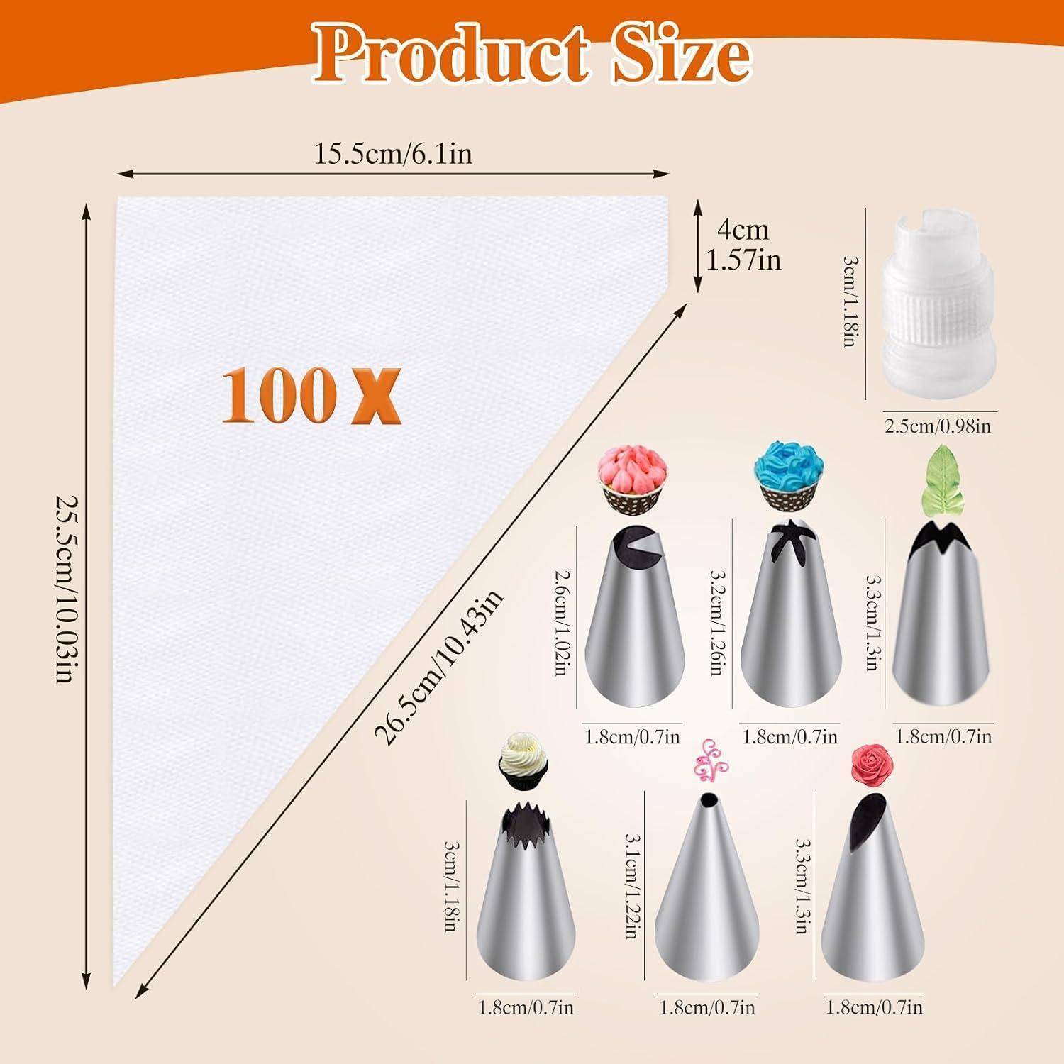 Produktgrößendiagramm für 100 Einweg-Spritzbeutel: 15,5 cm x 25,5 cm, mit 4 cm Öffnung und Beispiele für kompatible Spritzaufsätze.