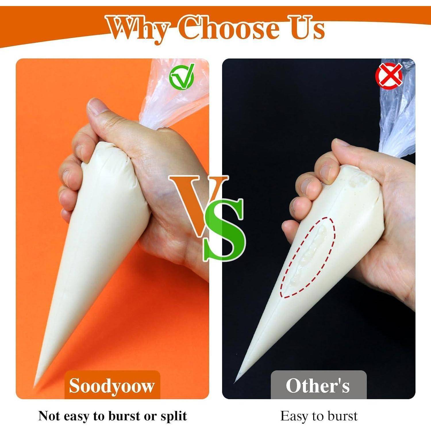 Vergleichsgrafik zeigt Soodyoow Spritzbeutel mit grünem Häkchen, gekennzeichnet mit „Nicht leicht zu platzen oder reißen