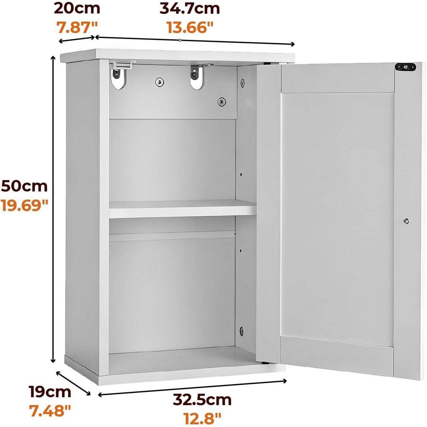 Grauer Wandschrank mit einer offenen Tür, die Regale zeigt; Abmessungsbezeichnungen zeigen 50 cm Höhe, 34,7 cm Breite, 20 cm Tiefe und 32,5 cm Innenbreite.