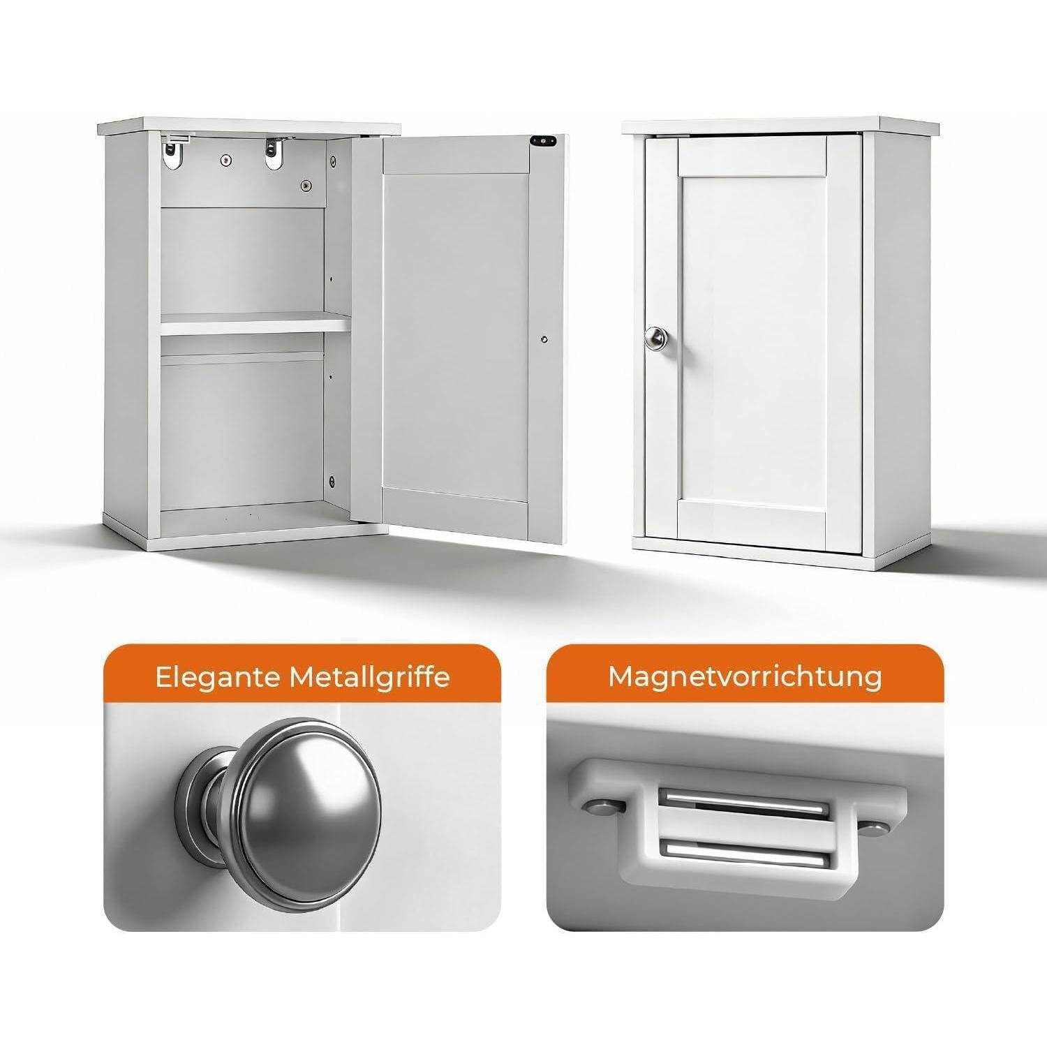 Produktfoto eines weiß beschichteten Wandschranks, dargestellt geöffnet und geschlossen, mit Nahaufnahmen, die einen Metallgriff und einen magnetischen Türverschluss hervorheben.