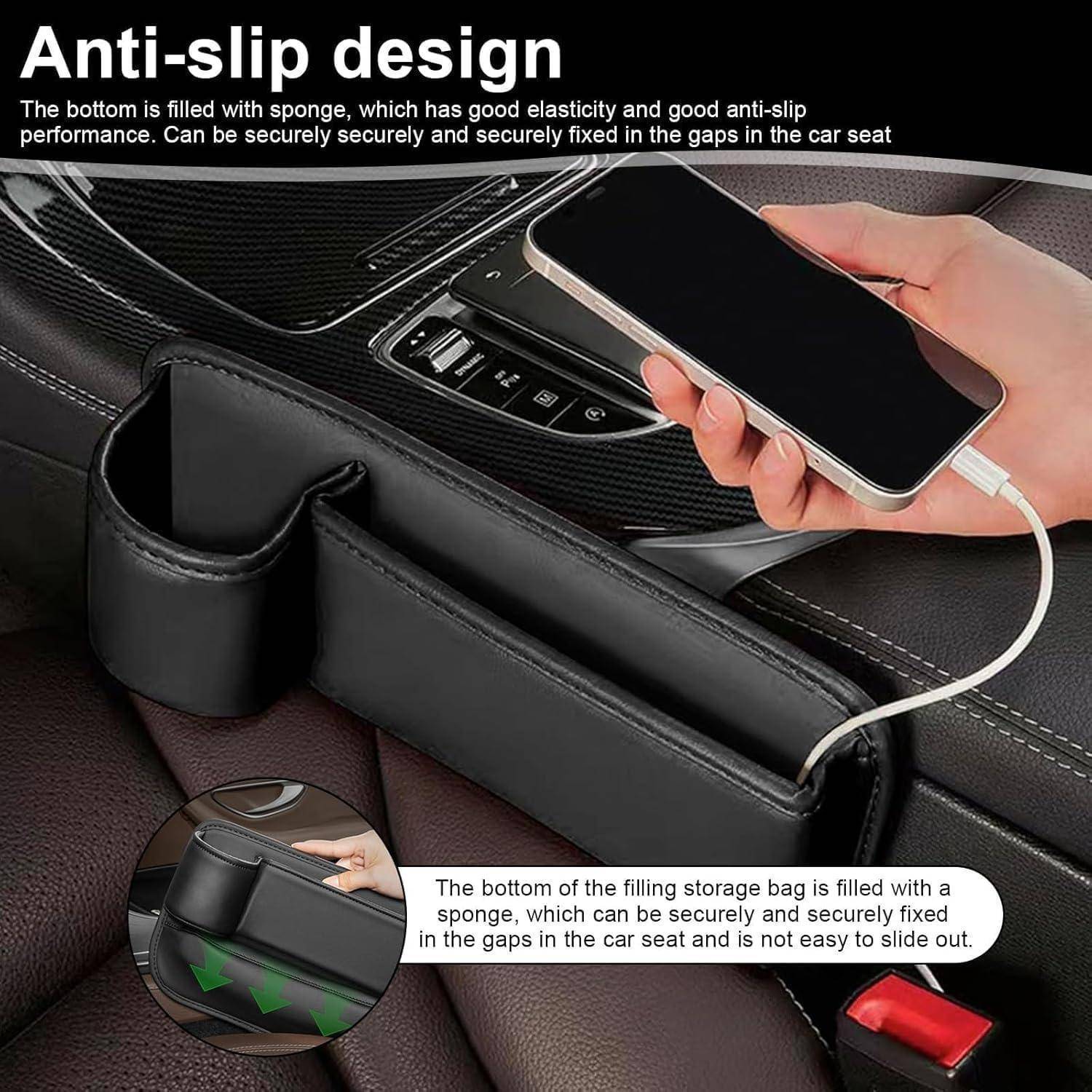 Autositz-Spalten-Organizer mit rutschfestem Schwamm-Aufbewahrungstasche, zeigt ein Smartphone und Ladekabel zwischen dem Sitz und der Konsole haltend.