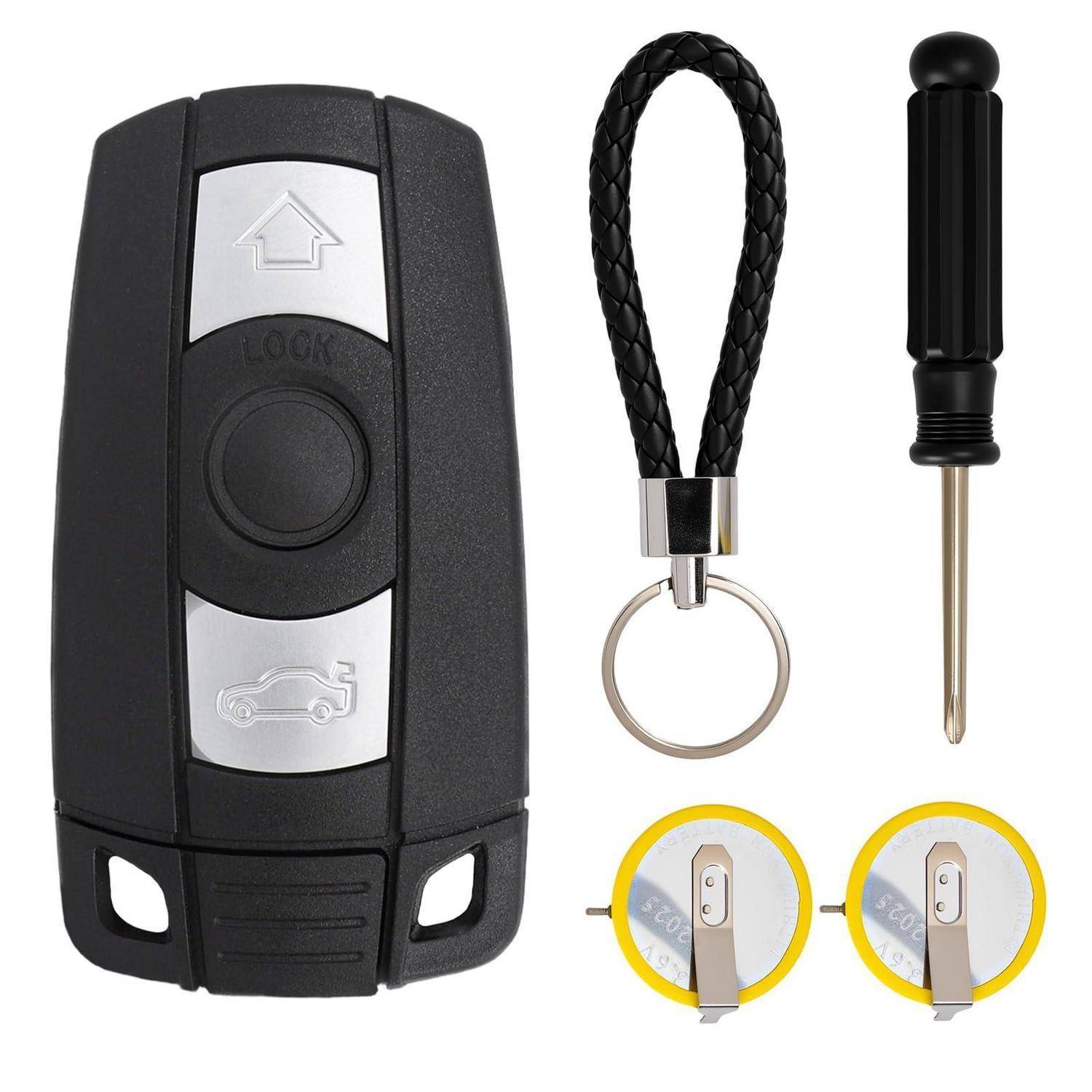 Autoschlüssel-Fernbedienung mit geflochtenem Schlüsselanhänger, kleinem Schraubendreher und zwei Bildern, die Schritte zum Austausch der Batterie zeigen.
