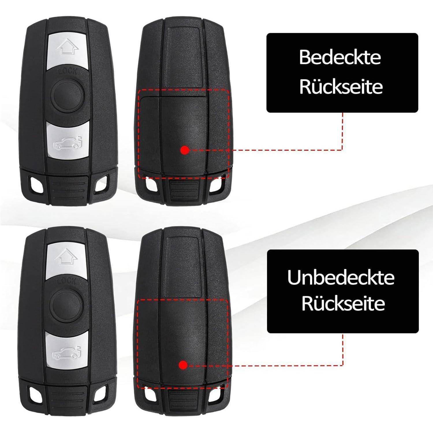 Illustration zum Vergleich der bedeckten und unbedeckten Rückseite eines Autoschlüssel-Funkfernbedienungsgeräts, beschriftet mit 'Bedeckte Rückseite' und 'Unbedeckte Rückseite'.