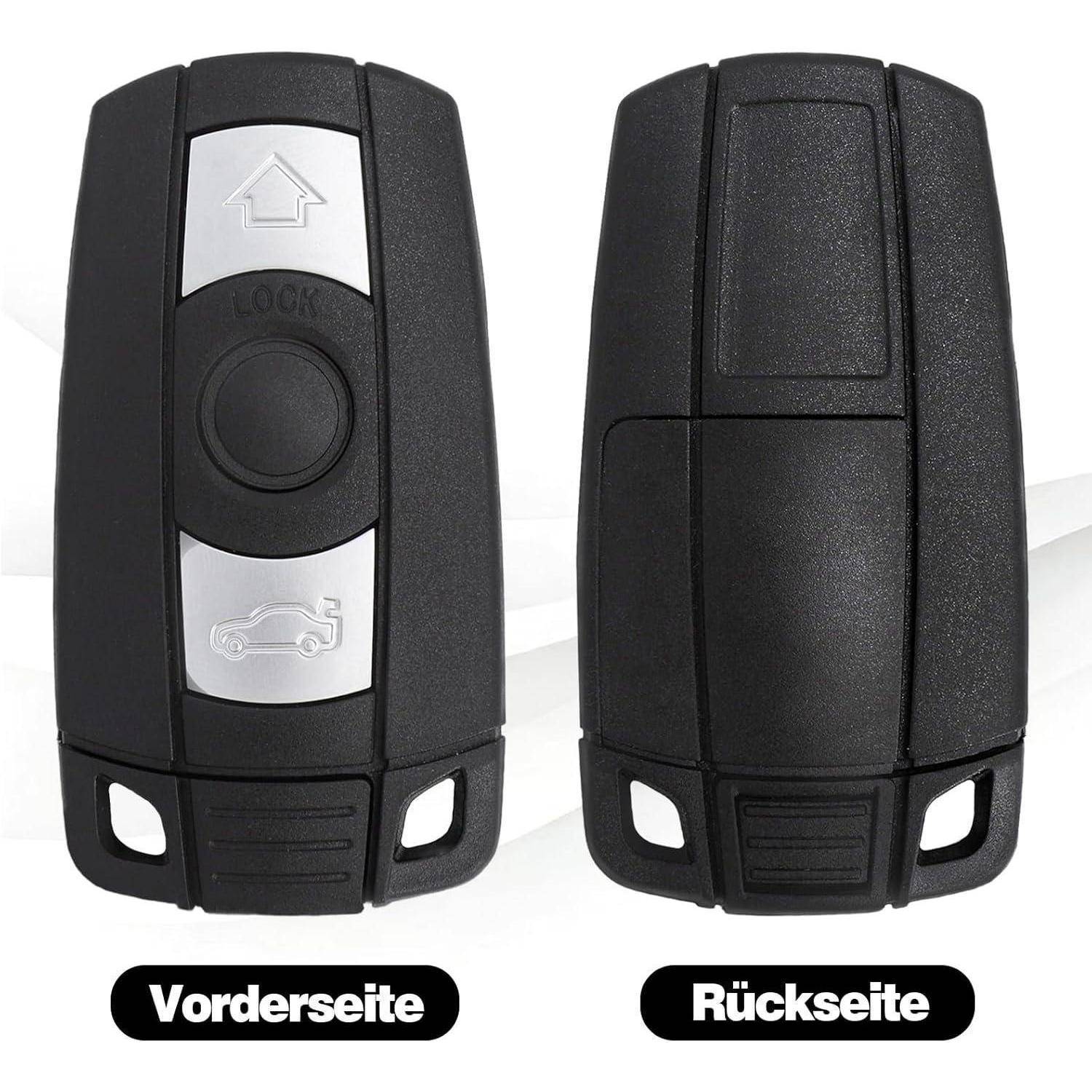 Vorder- und Rückansicht eines schwarzen Autoschlüssel-Gehäuses mit Schloss- und Auto-Symbolen auf der Vorderseite und den Beschriftungen „Vorderseite