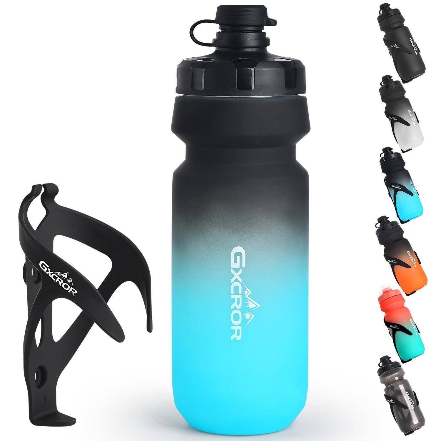 Schwarzblauer Farbverlauf Gxcror Sportstrinkflasche mit Schraubdeckel, dargestellt mit seitlichem Käfighalter und mehreren Farbvarianten auf der rechten Seite.