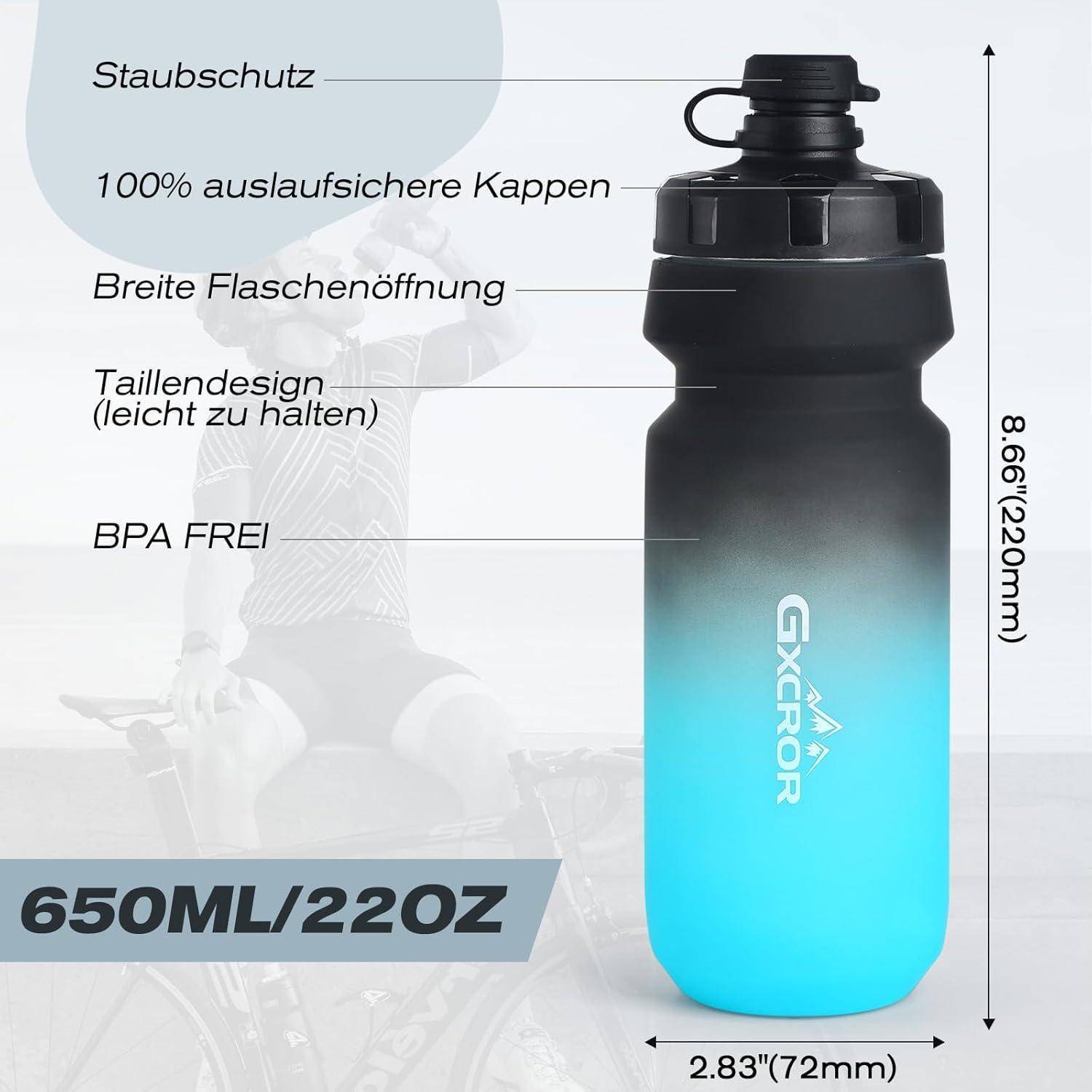 Werbebild einer 650 ml (22 oz) GXEROR Wasserflasche mit schwarzem Verschluss und blauem Farbverlauf, auf Deutsch gekennzeichnet mit folgenden Eigenschaften: Staubschutz, auslaufsicherer Verschluss, breite Öffnung, ergonomisches Griffdesign, BPA-frei; Höhe 8,66 Zoll (220 mm).