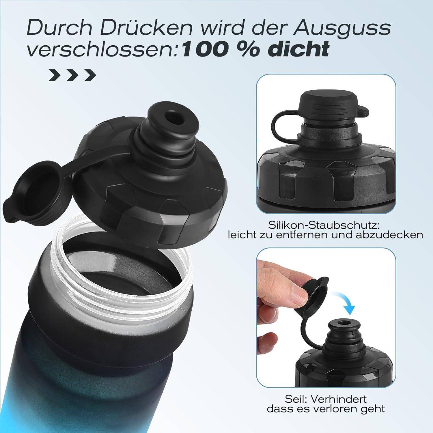 Illustrierte Flaschenkrone mit Druckversion-Verschlussmechanismus; deutscher Text besagt, dass das Drücken die Tülle zu 100 % dicht versiegelt, mit Staubkappe und Sicherungsleine zur Verlustprävention.