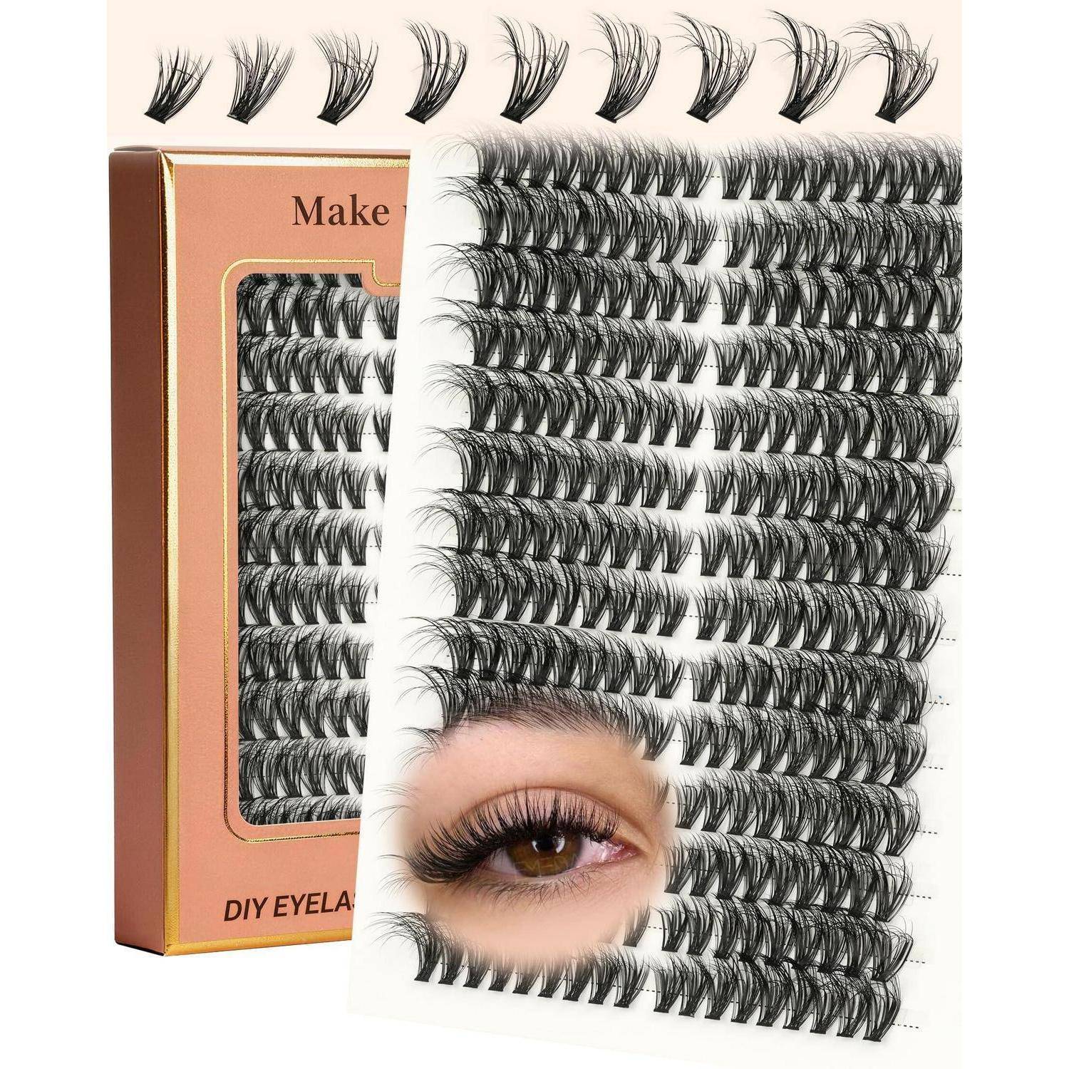 Künstliches Wimpernverlängerungsset mit mehreren Streifen-Wimpernreihen, Verpackungsbox und ein Modellauge, das die angebrachten Wimpern zeigt.