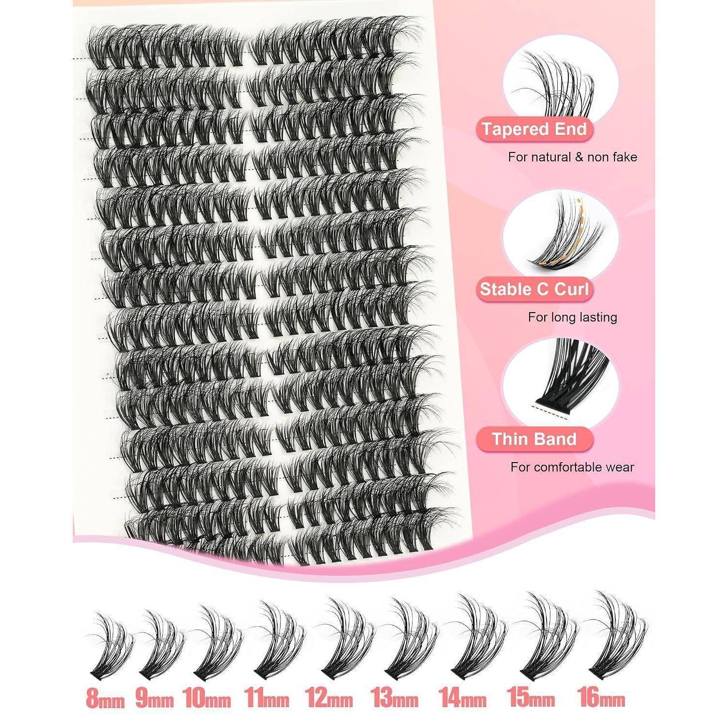 Werbebilder für Wimpernverlängerungen mit einem rosa Panel, das „Verjüngtes Ende