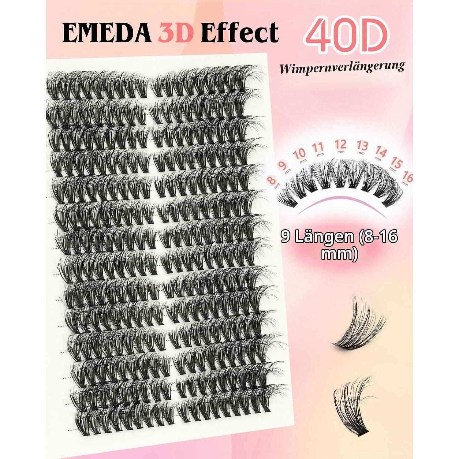 Produktpaket für EMEDA 3D Effect 4D Wimpernverlängerungen, mit schwarzen künstlichen Wimpernstreifen in 9 Längen von 8 bis 16 mm.