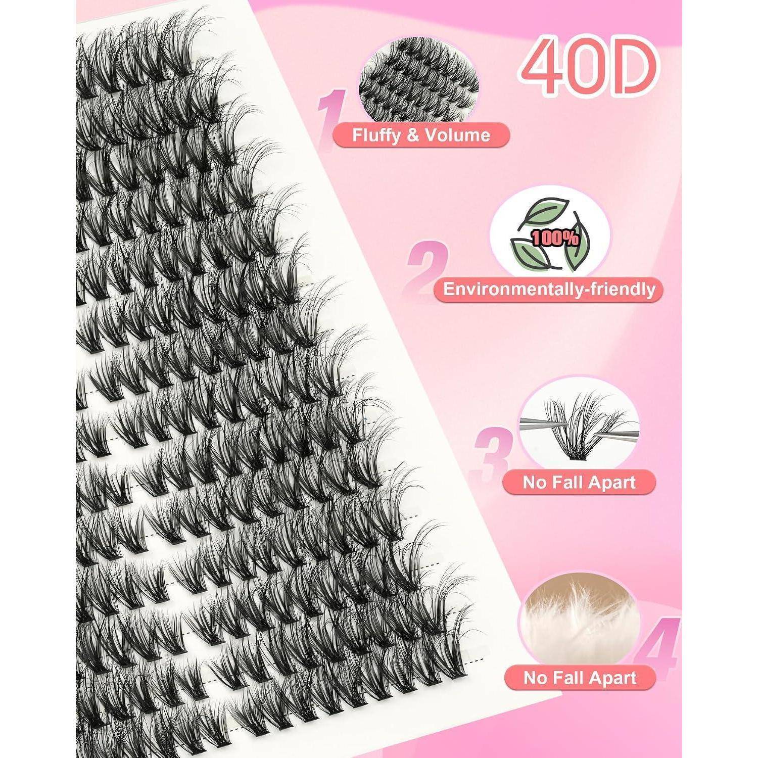 Nahaufnahme von schwarzen künstlichen Wimpern auf einer rosa Verpackung mit der Aufschrift „40D