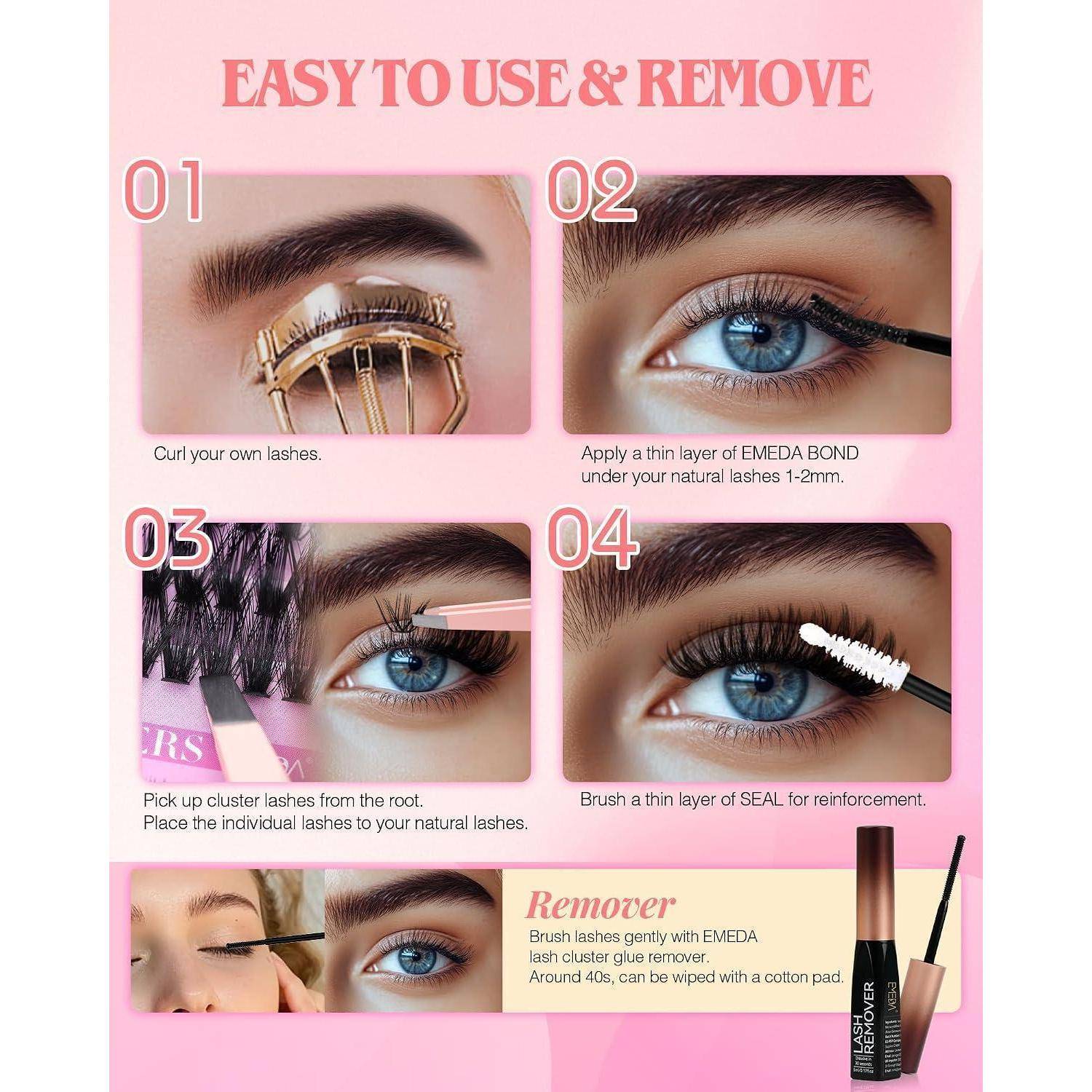 Anleitungsinfografik zum Anbringen und Entfernen von Wimpernbüscheln: Wimpern locken, EMEDA BOND auftragen, Büschel platzieren, SEAL aufbürsten, dann Entferner verwenden.