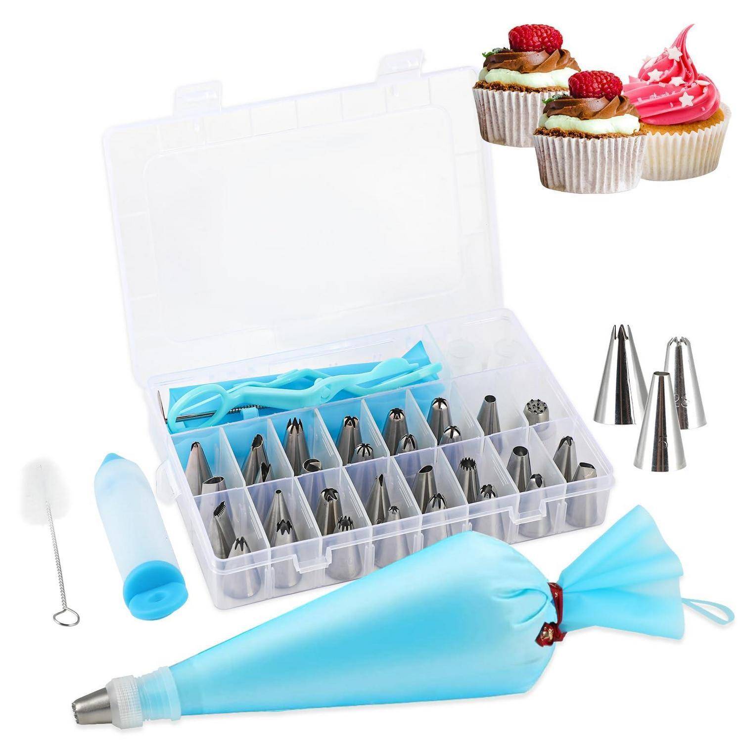 Spitzensatz in einem Aufbewahrungskoffer mit Dekorationstüten und Koppeln, plus Muster gefrostete Cupcakes, die Verwendungsmöglichkeiten für die Kuchendekoration zeigen.