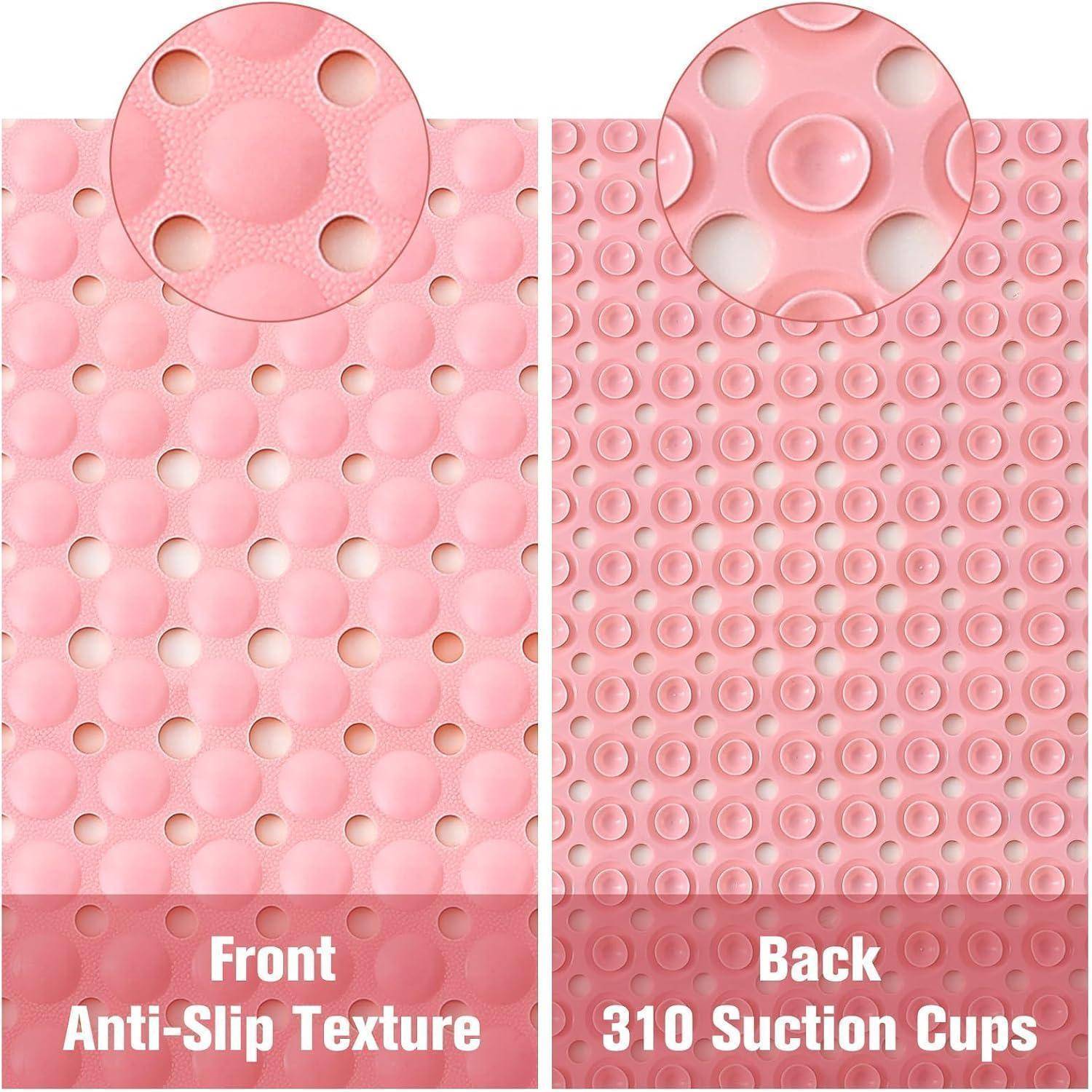 Nebeneinander liegende Produktdetails vergleichen die vordere rutschfeste Textur und die Rückseite mit 310 Saugnäpfen auf einer rosa Matte.