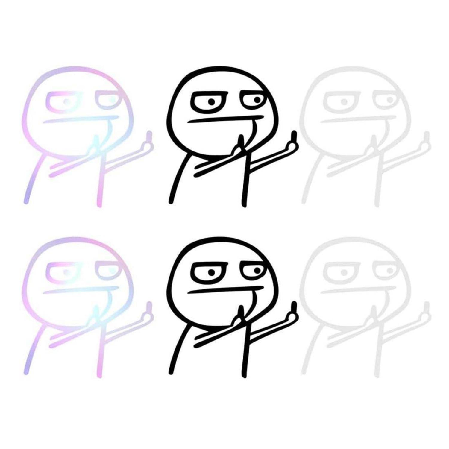 Sechs Cartoon-Meme-Gesichter in einem 2x3-Raster, wobei die mittleren Figuren schwarz umrandet sind und die anderen in Pastellfarben und Grau verblasst sind, jede mit einer Handbewegung.