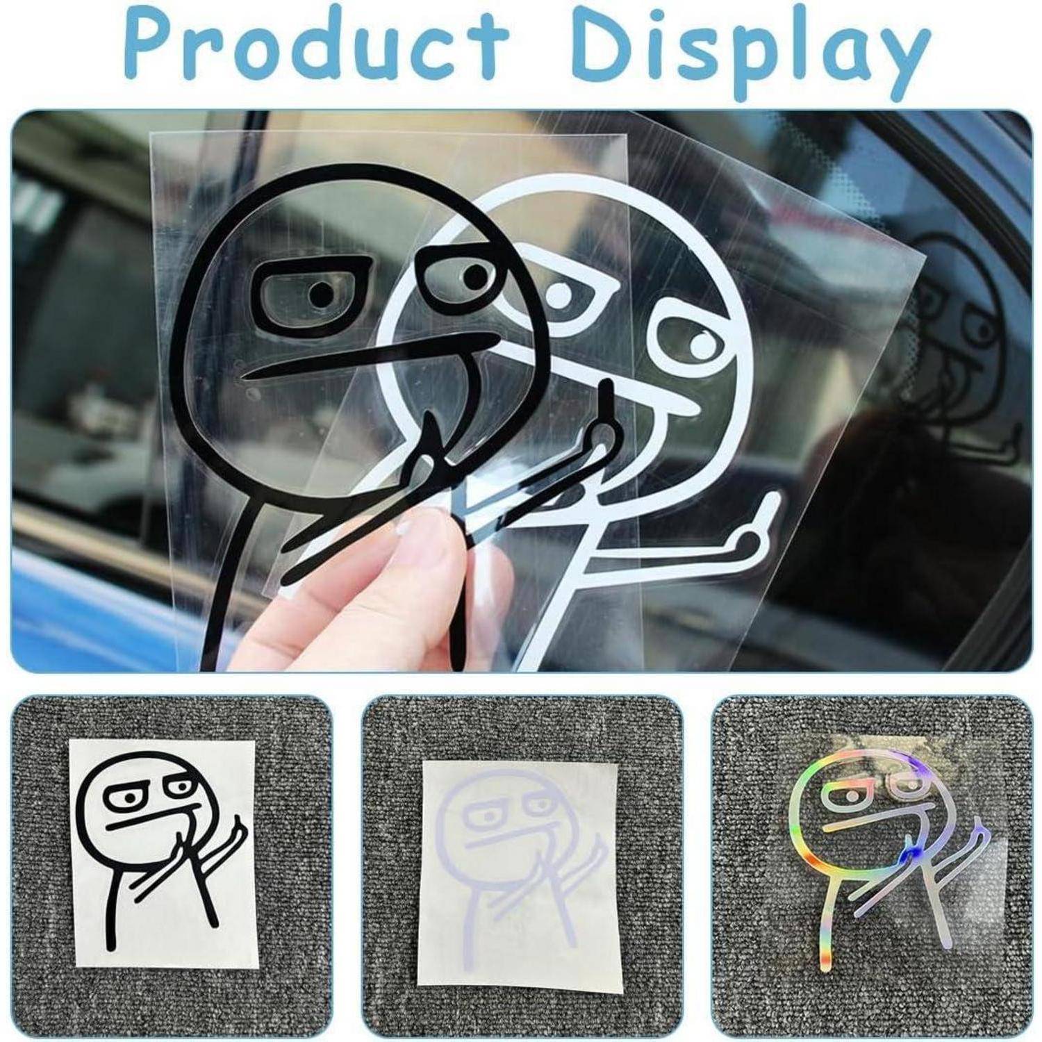 Produktanzeige von Meme-Stil-Autoaufklebern mit skeptischem Gesichtsausdruck; gezeigt in schwarzen, weißen und holografischen Ausführungen, einschließlich einer durchsichtigen Transferfolie, die abgezogen wird.