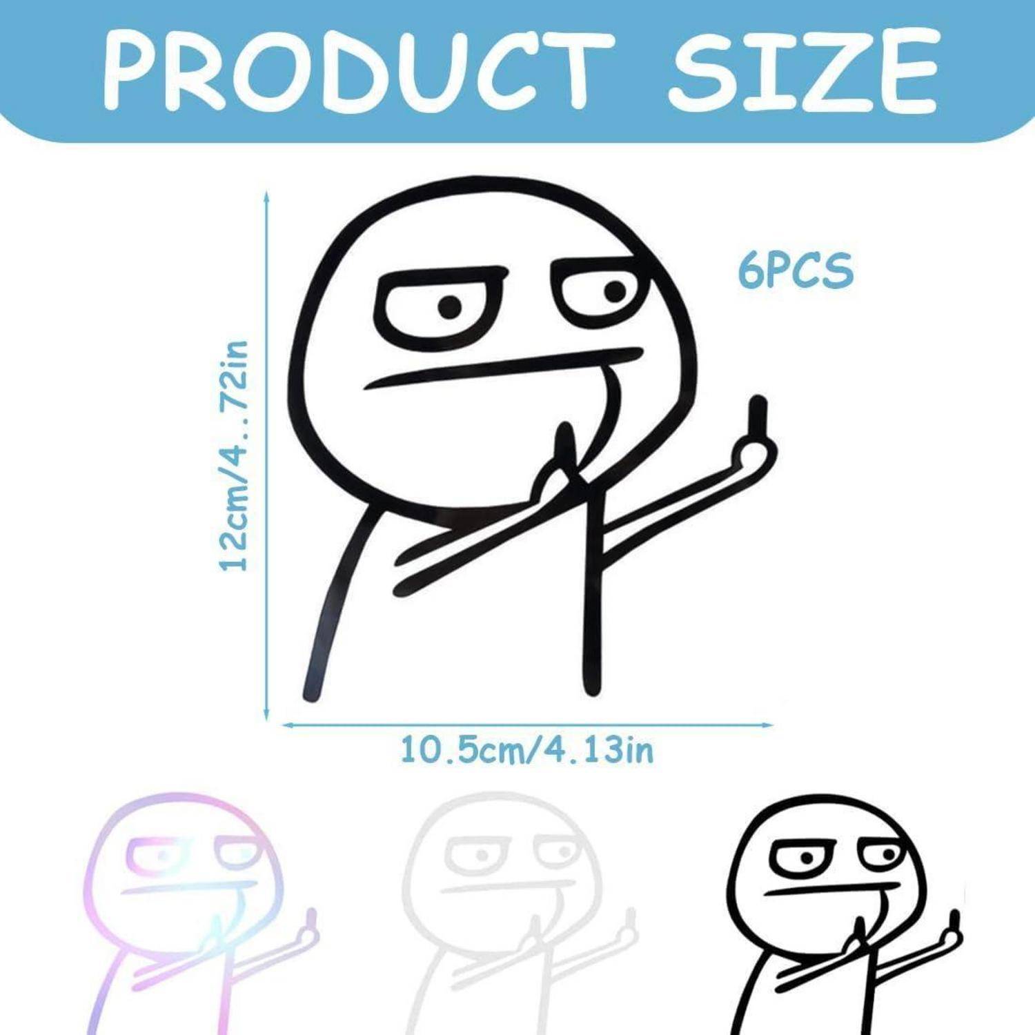 Größendiagramm des Produkts zeigt eine schwarze, linear gezeichnete Memefigur, 12 cm mal 10,5 cm, gekennzeichnet mit '6 STÜCK'.