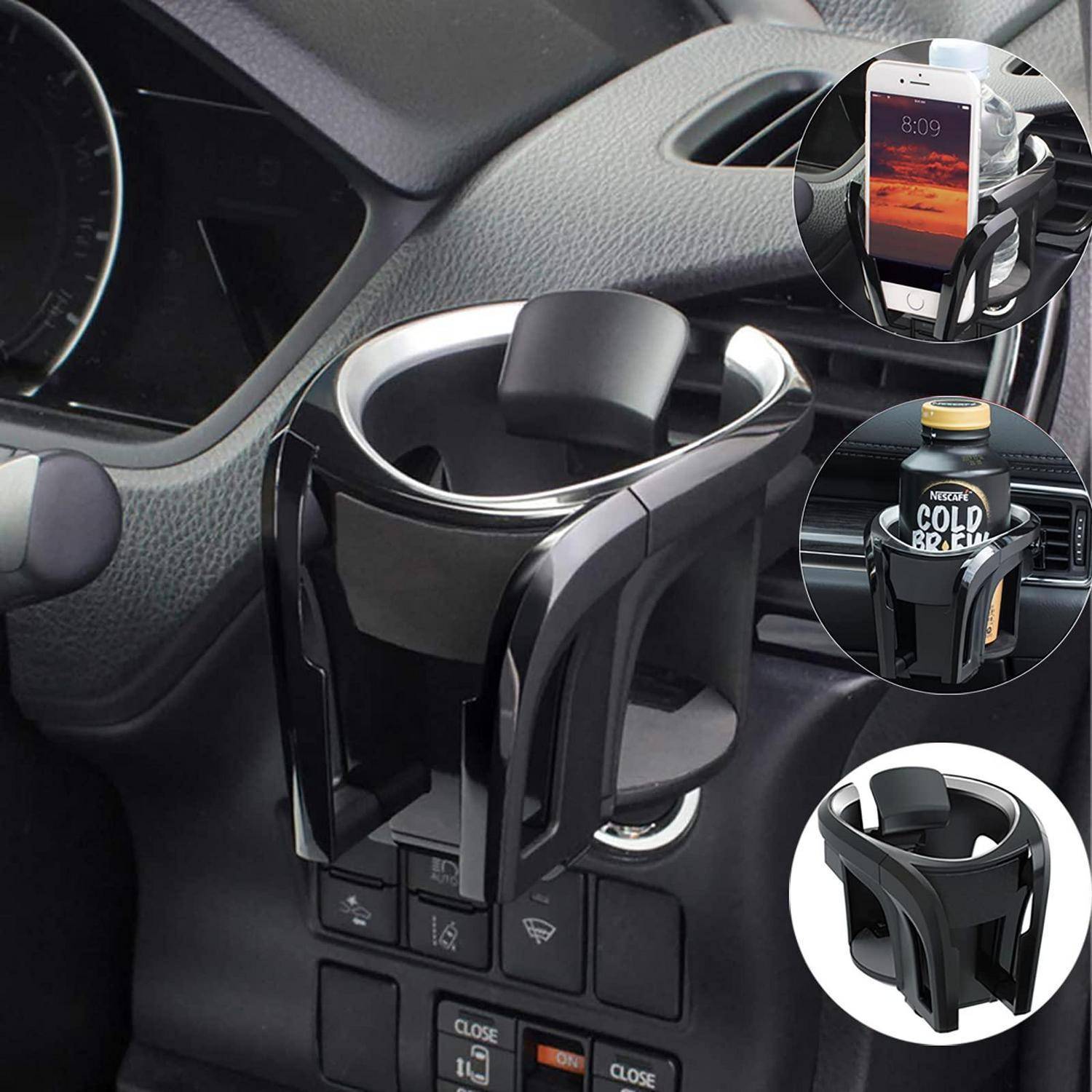 Adapter für Getränkehalter im Auto, der ein Smartphone und Getränkeflaschen in einem Fahrzeug-Dashboard-Getränkehalter hält, mit eingefügten Ansichten, die verschiedene Verwendungsmöglichkeiten zeigen.