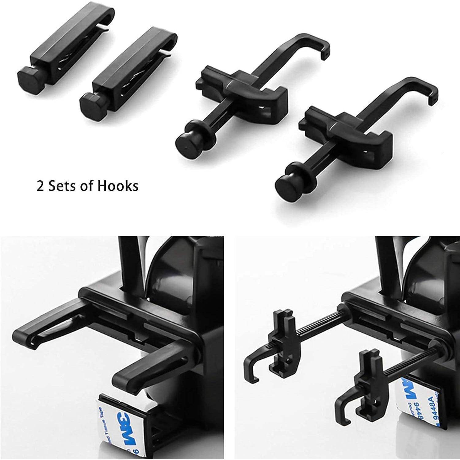 Schwarze verstellbare Klemmhaken und Hakensatz zum Aufhängen von Gegenständen, gezeigt in Produktfotos mit Text „2 Sets of Hooks