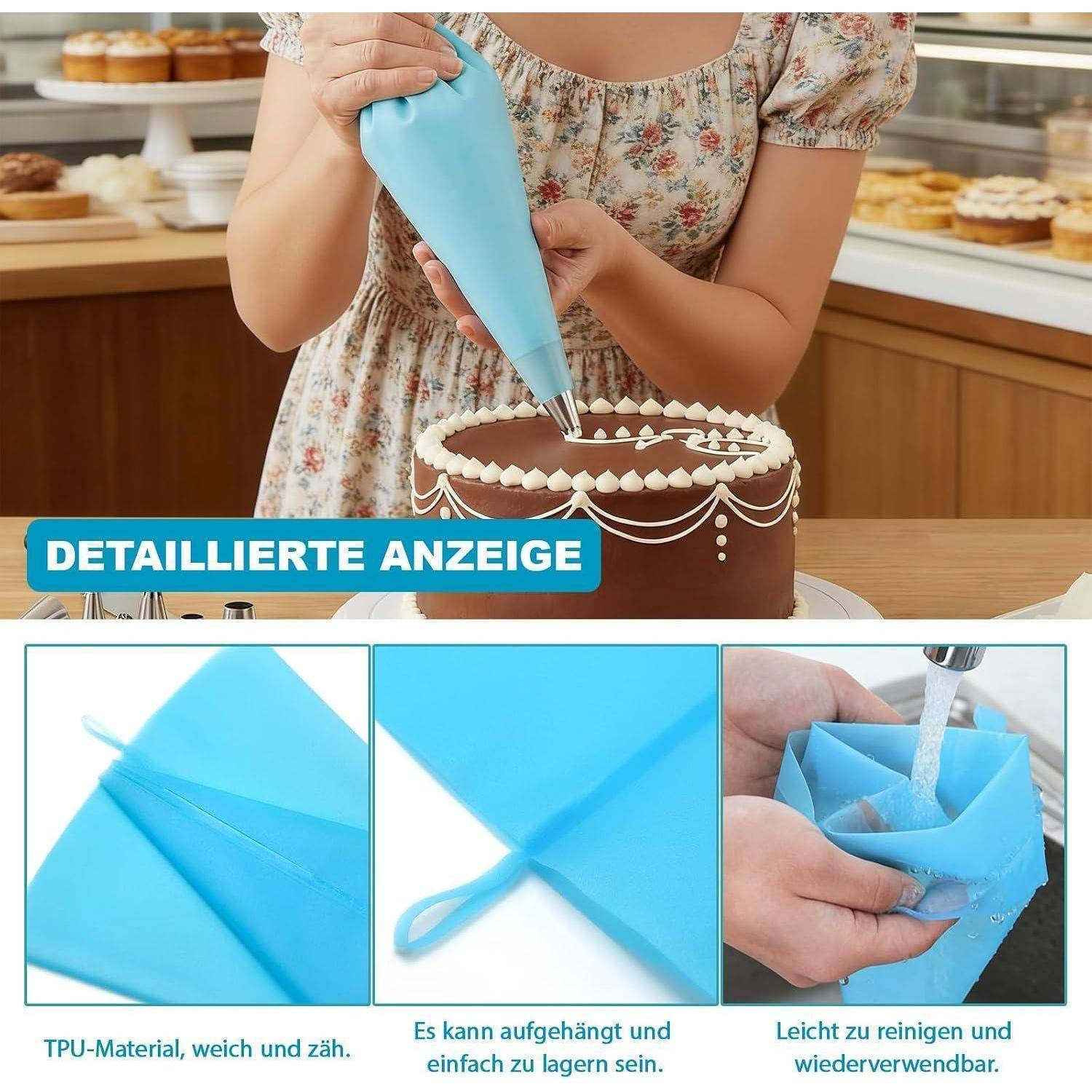 Produktanzeige mit einer Frau, die Glasur mit einer wiederverwendbaren blauen TPU-Spritzbeutel auf einem Kuchen aufträgt; eingefügte Bilder zeigen das Material des Beutels, die Aufhängeschleife und die einfache Reinigung.