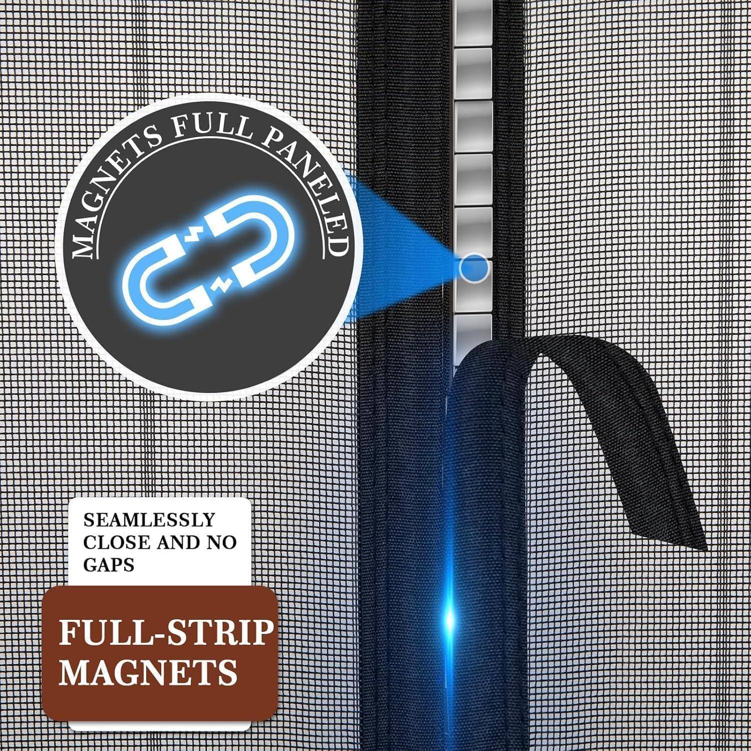 Nahaufnahme eines vollflächigen magnetischen Fliegengitterversclusses mit überlappenden Netzbahnen und Reißverschlusszieher, gekennzeichnet mit „MAGNETS FULL PANELED