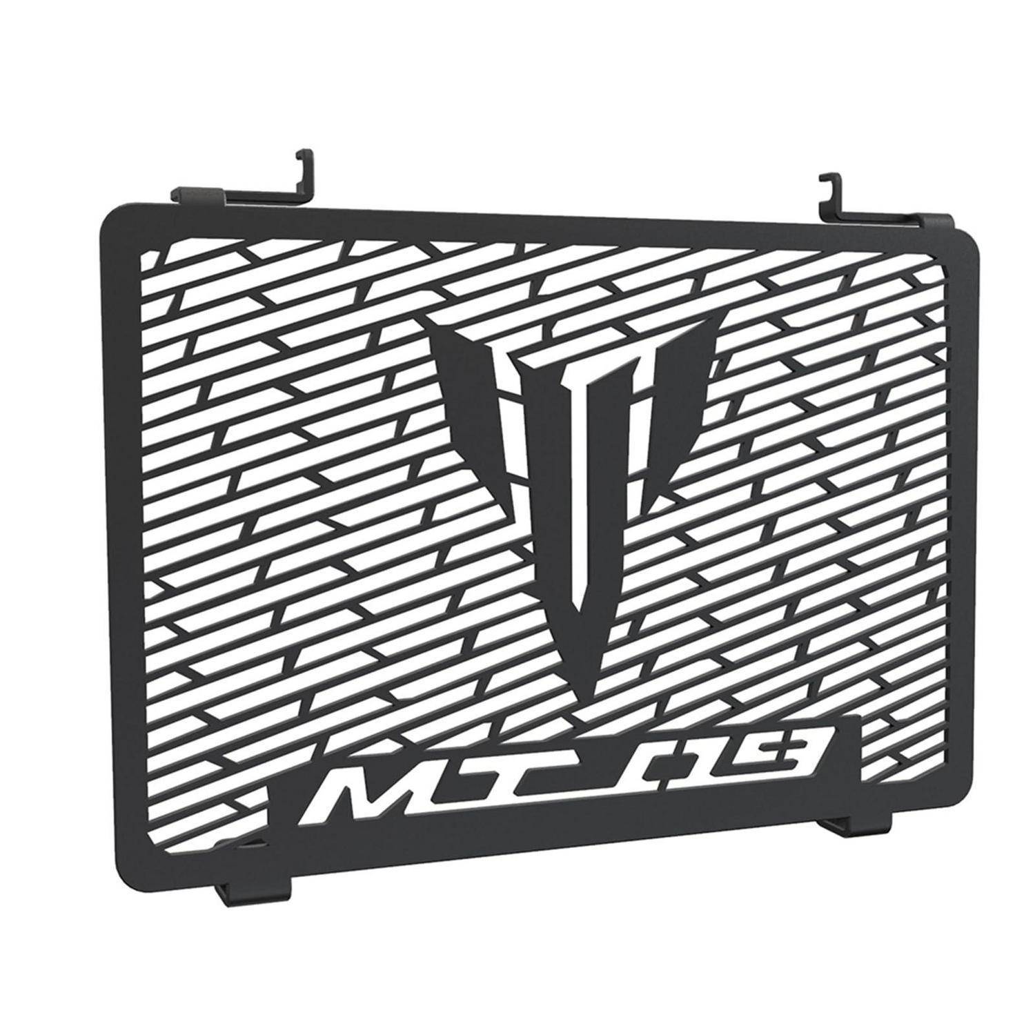 Schwarze Motorrad-Kühlergrill-Schutzvorrichtung aus Metall mit diagonalen Lamellen und einer zentrierten Logo-Ausschnitt über dem Text „MT-15