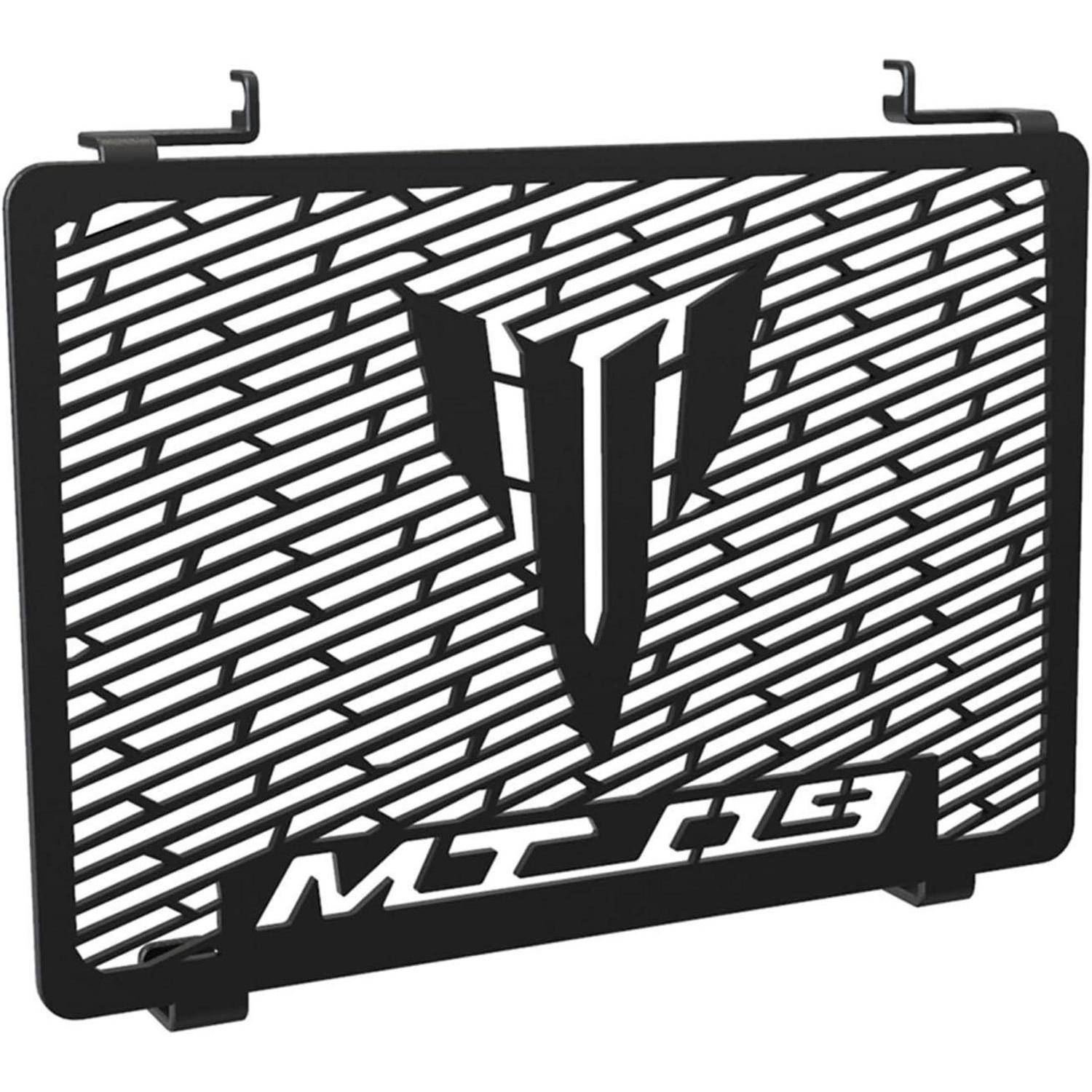 Schwarzer Metall-Kühlergrill mit eckigem MTF-Logo und gestreiftem Mesh-Muster auf weißem Hintergrund.