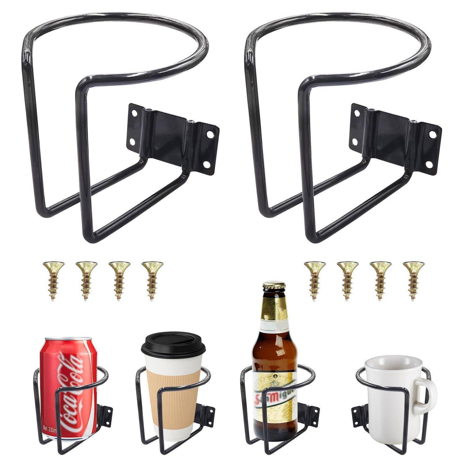 Zwei wandmontierte Metallhalter mit Schrauben, dargestellt mit Beispielanwendungen für eine Dose, eine Kaffeetasse, eine Flasche und eine Tasse.