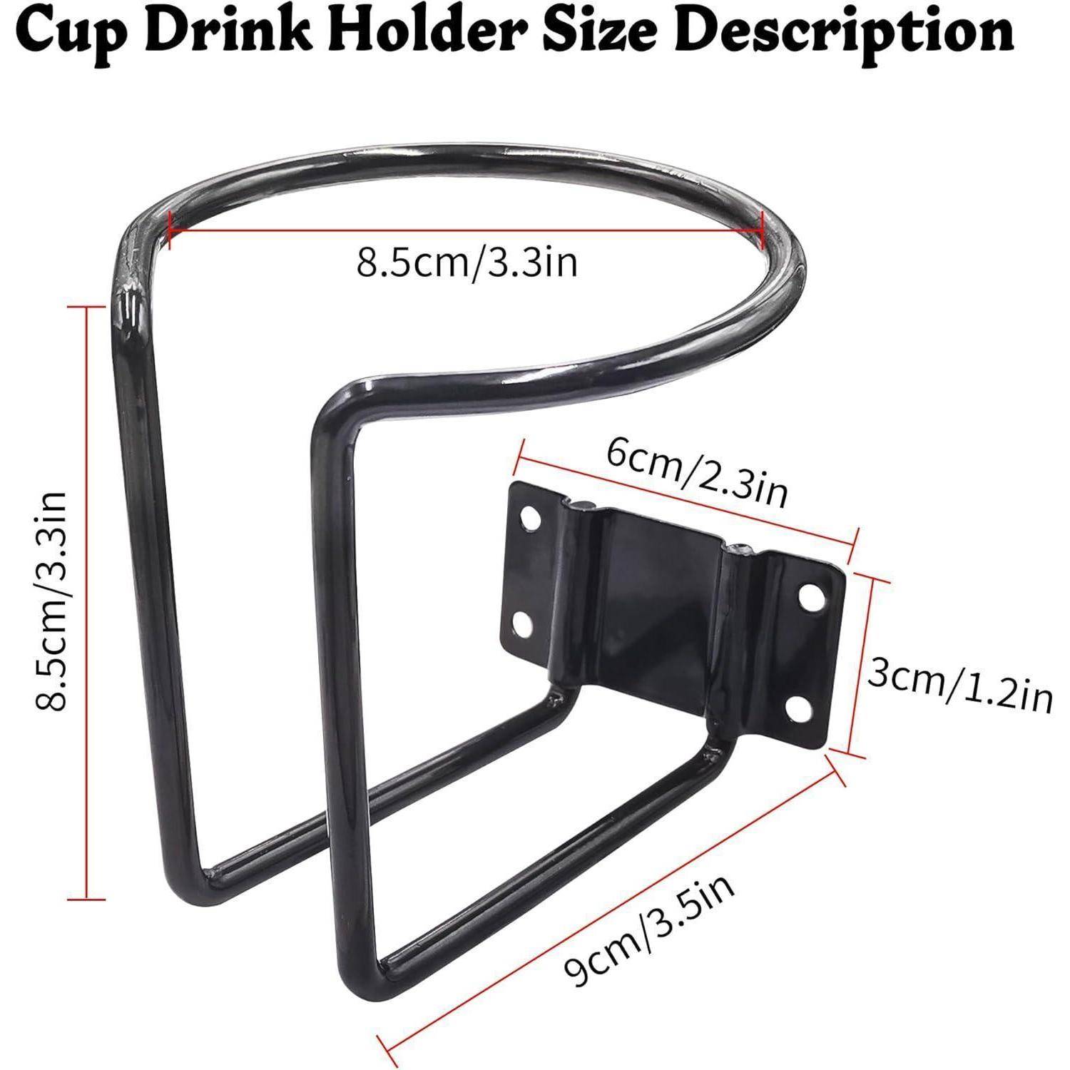 Produktdiagramm einer Becherhalterung für Getränke mit Abmessungen: 8,5 cm/3,3 Zoll Höhe und Breite, 6 cm/2,3 Zoll Montageplatte, 9 cm/3,5 Zoll Tiefe, 3 cm/1,2 Zoll Höhe.