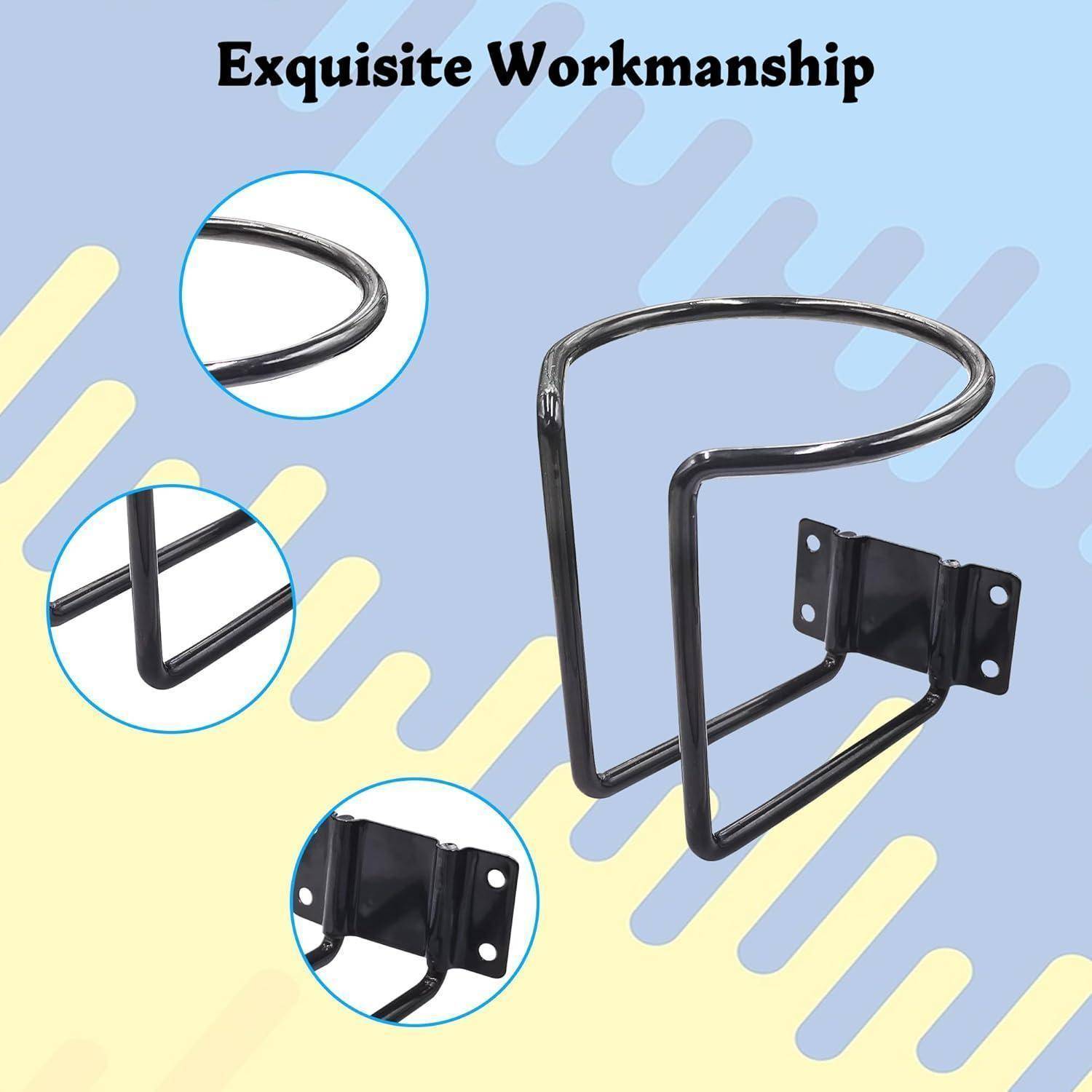 Produktwerbegrafik mit einer schwarzen Metallwandhalterung/-klammer mit kreisförmigen Detailaufnahmen der gekrümmten Rohre, Verbindungsstücke und Schraubenplatte unter dem Text „Exquisite Handwerkskunst