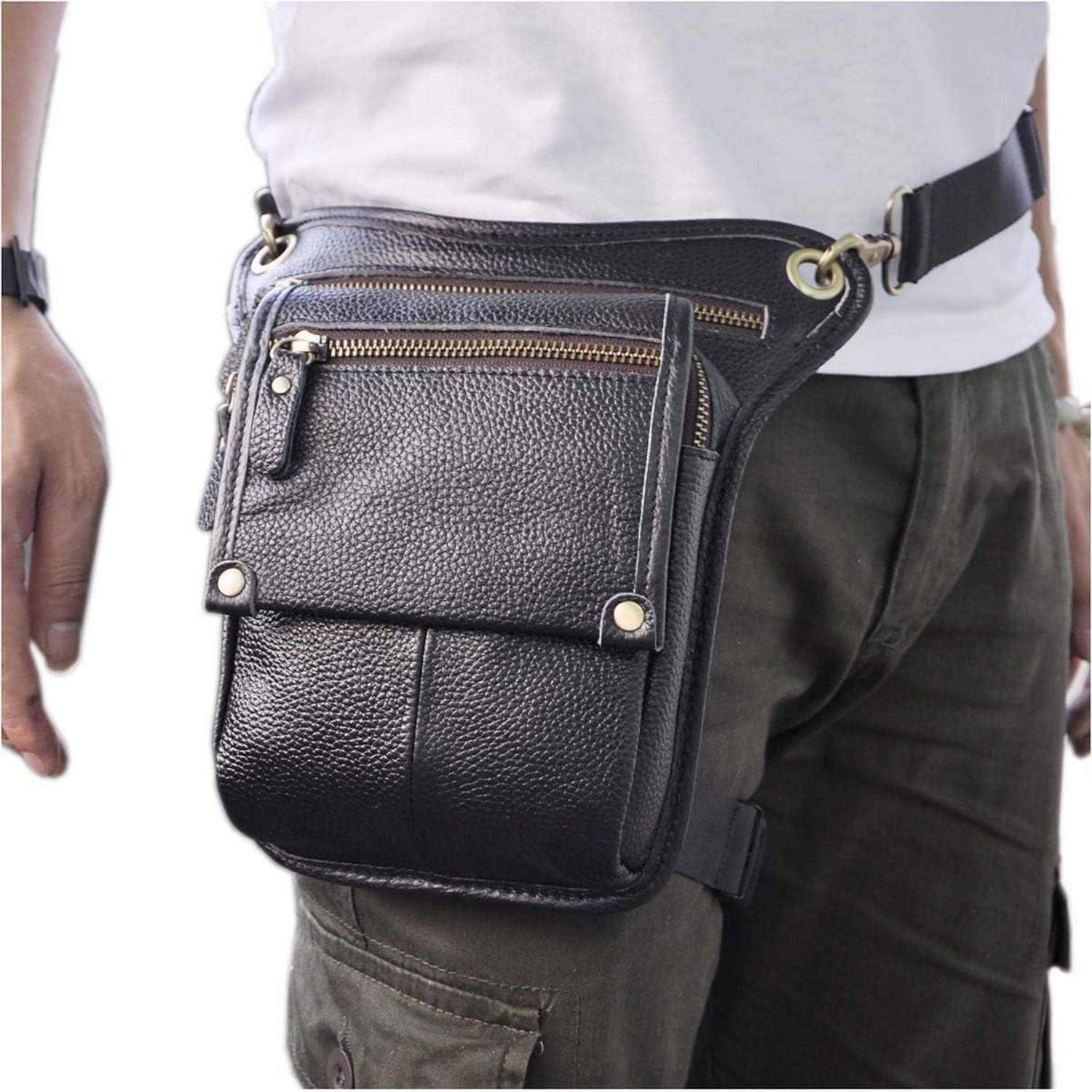 Schwarze Leder-Utility-Tasche für Oberschenkel und Taille, getragen an einem Gürtel, mit mehreren Reißverschlusstaschen.