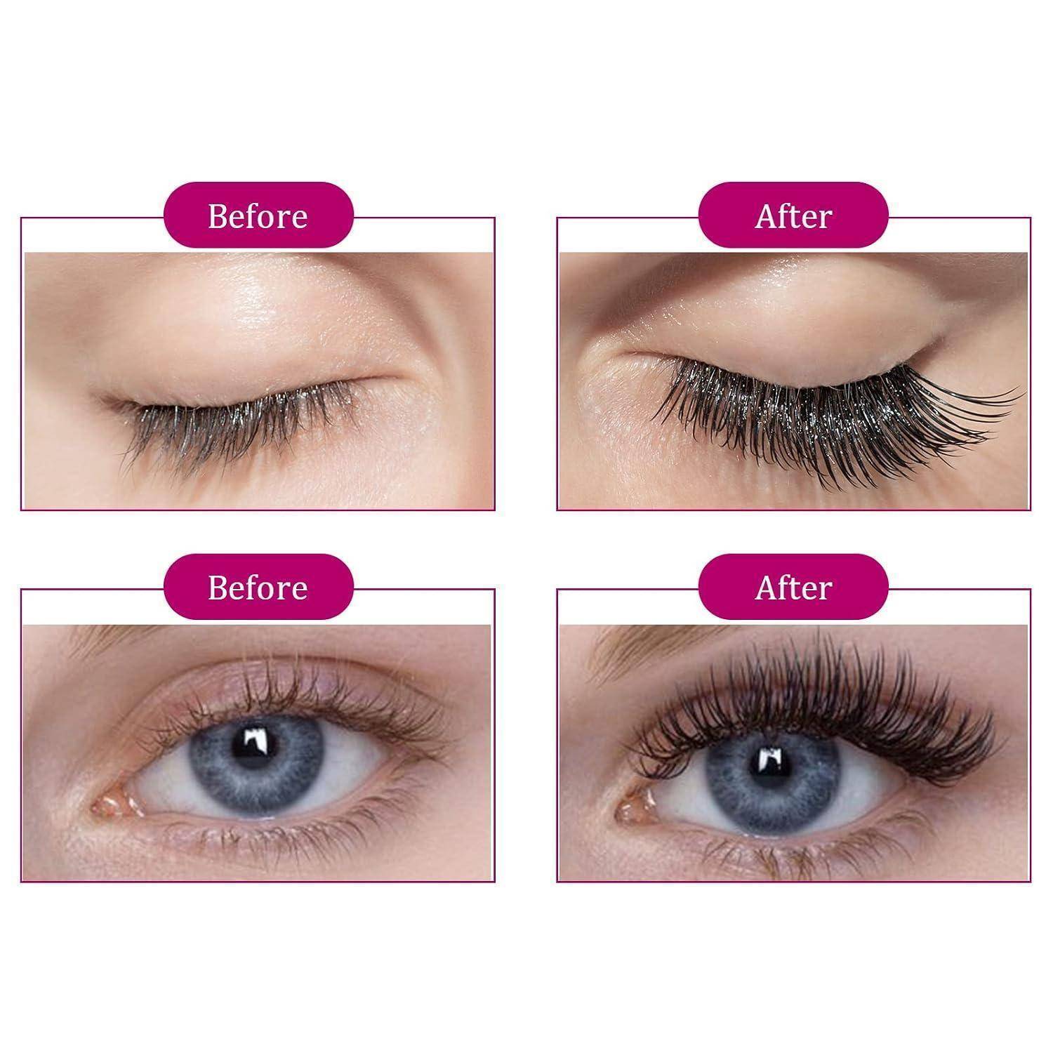 Vorher-Nachher-Nahaufnahme von Wimpernverlängerungen auf geschlossenen und offenen Augen, die längere, vollere Wimpern nach der Behandlung zeigen.