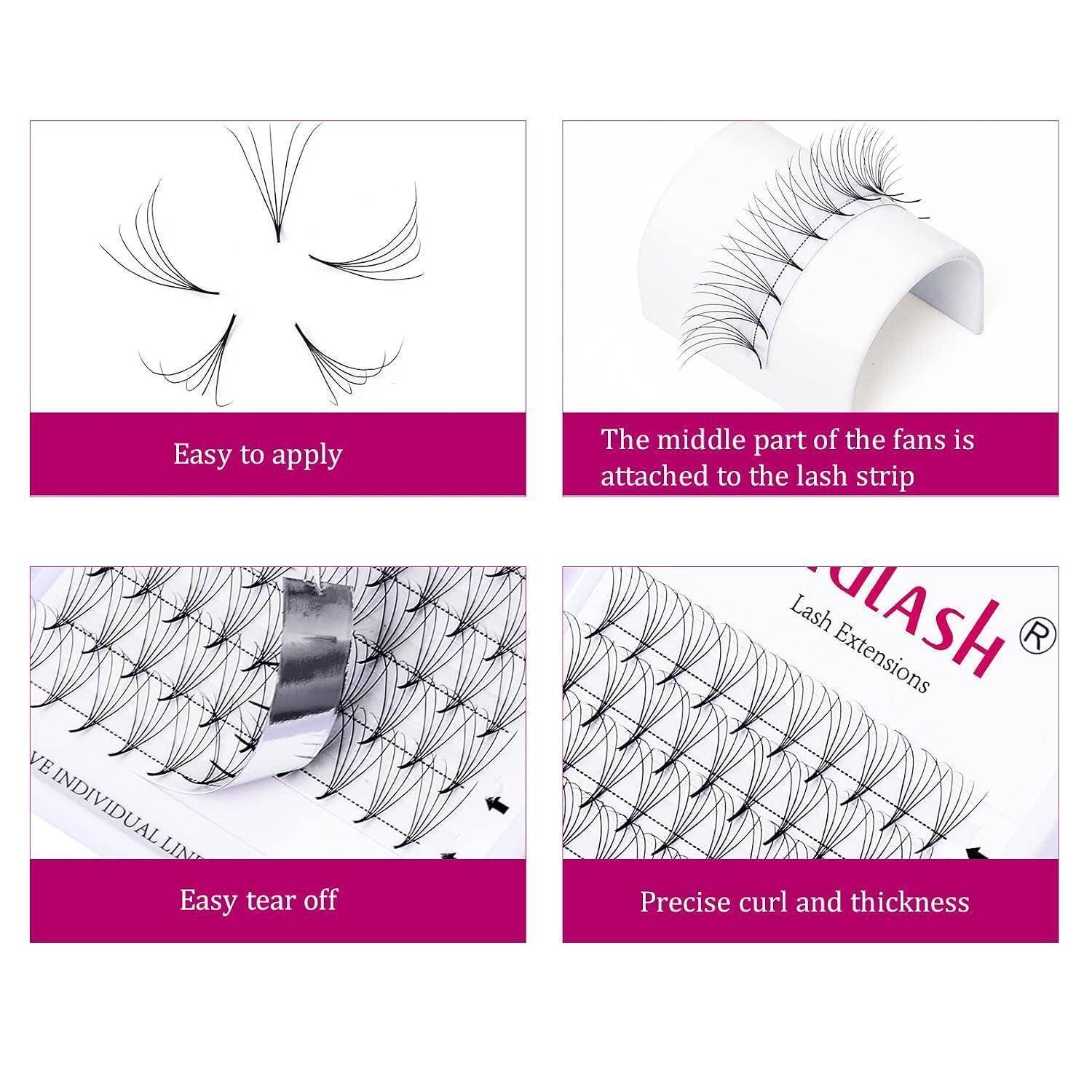 Vierteiliges Produktbild, das Wimpernstreifen zeigt: leicht anzubringen, Mitte an den Wimpernstreifen befestigt, leicht abzureißen und präzise Lockenform und Dicke.