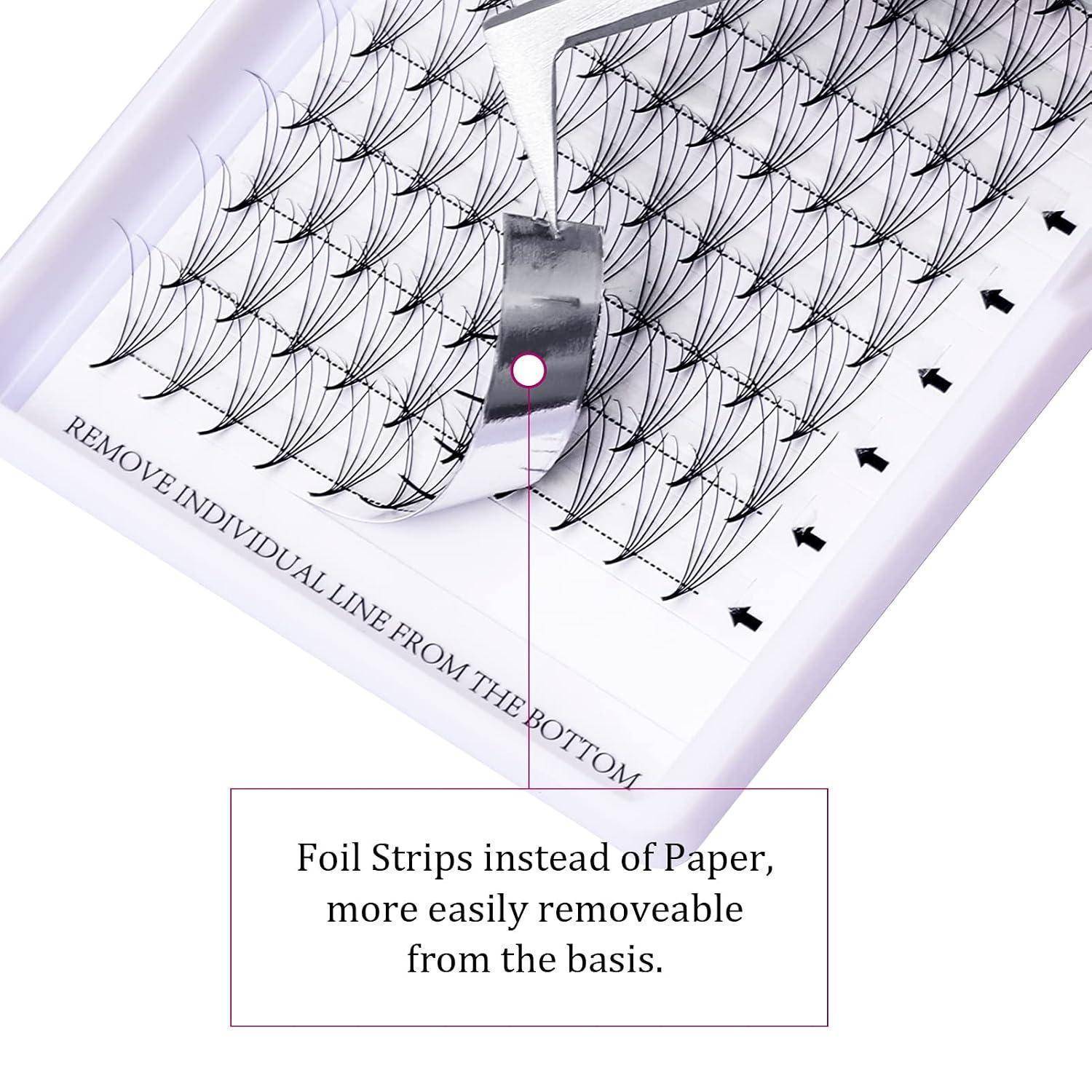 # Diagramm von Wimpernstreifen aus Folie auf einer Basis; Beschriftungen besagen, dass einzelne Linien von unten entfernt werden sollten und dass Foilstreifen leichter zu entfernen sind als Papier.