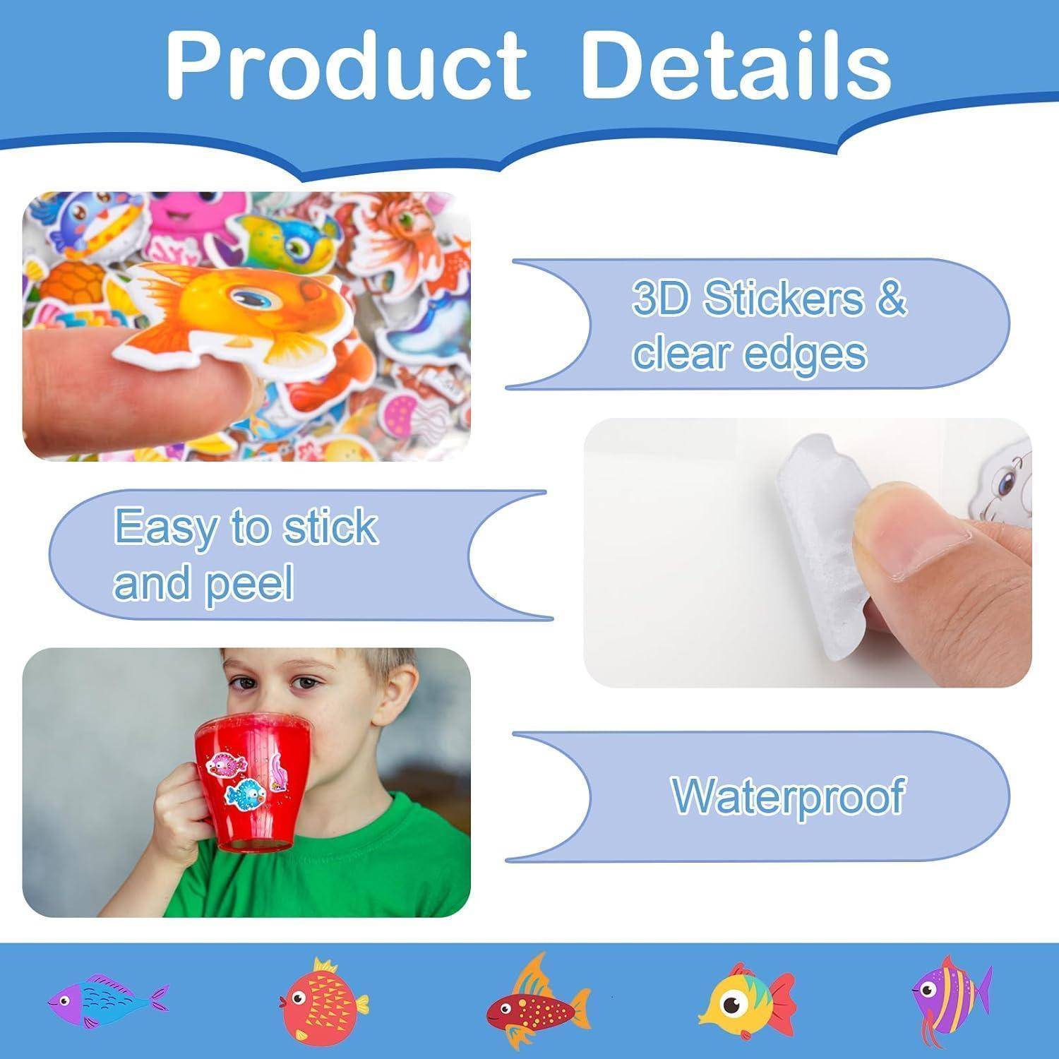 Produktdetails-Grafik, die zeigt, dass Aufkleber 3D sind mit klaren Kanten, leicht zu kleben und abzuziehen, und wasserfest sind, illustriert mit Händen, die Aufkleber anbringen, und einem Kind, das einen dekorierten Becher hält.