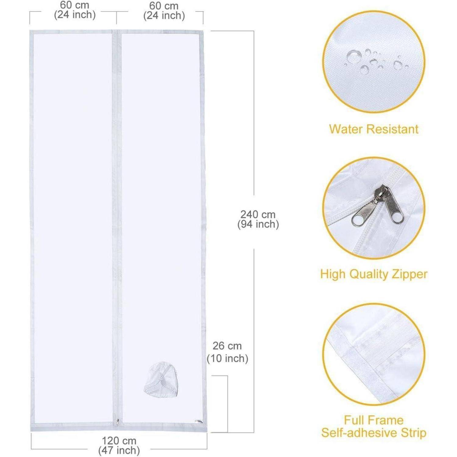 Diagramm einer zweiflügeligen weißen Reißverschluss-Abdeckung, 240 cm hoch und insgesamt 120 cm breit, mit wasserfestem Stoff und selbstklebendem Streifen.