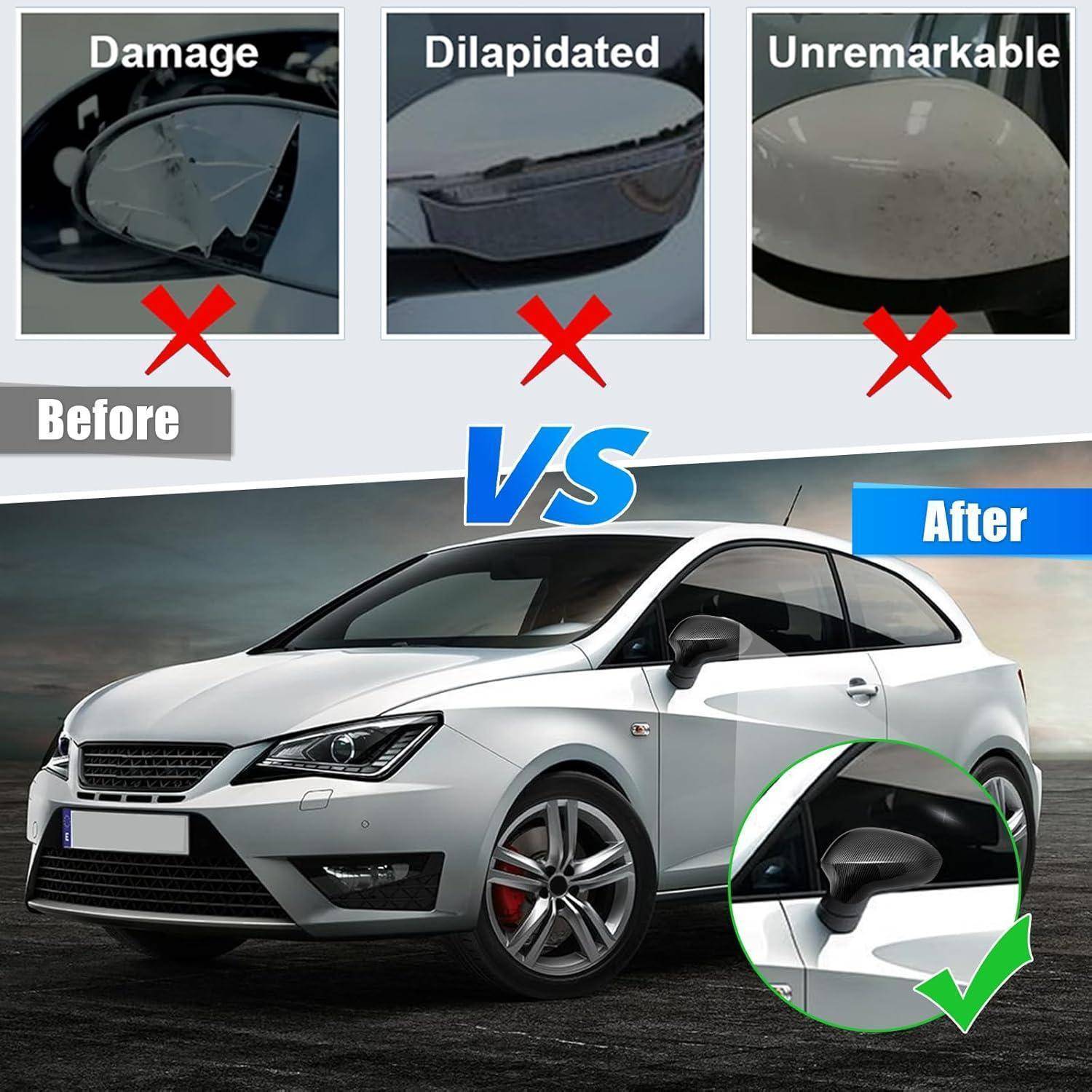 Vorher-und-Nachher-Vergleich der Reparatur des Außenspiegels eines Autos: Beschädigte, verfallene und unauffällige Spiegel sind mit Xs gekennzeichnet, während das Nachbild ein Auto mit einem intakten Spiegel zeigt, der durch ein grünes Häkchen hervorgehoben wird.