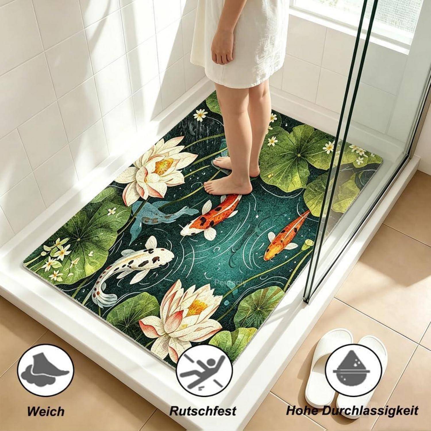 Antirutschmatte Dusche 40x70cm PVC Lotus-Muster Ablaufloch