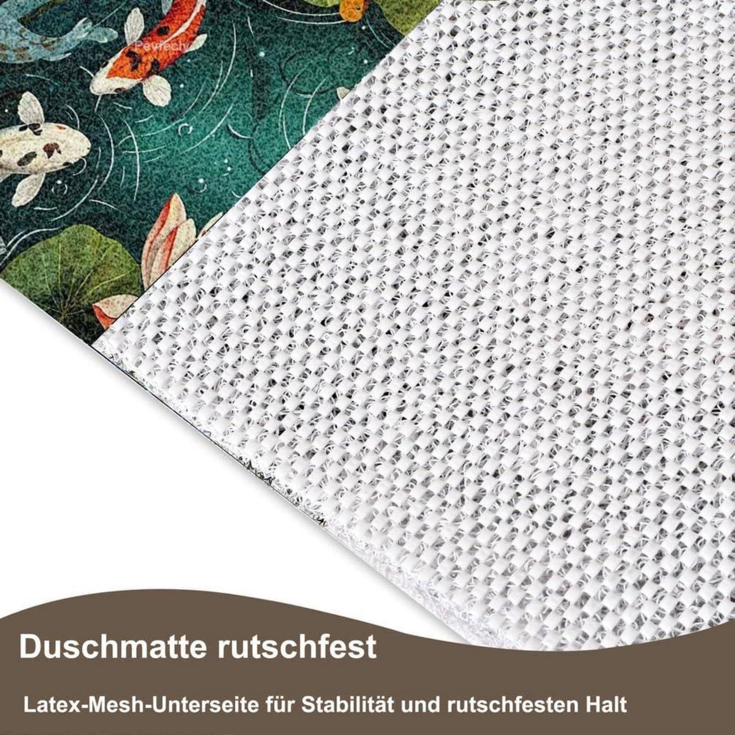 Nahaufnahme einer rutschfesten Badmatte, die die strukturierte Latex-Mesh-Rückseite und das gemusterte Oberteil zeigt; mit der Bezeichnung „Duschmatte rutschfest